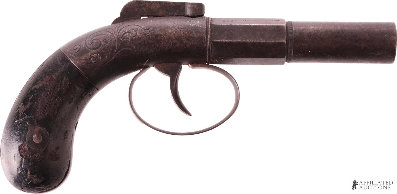 Allen Thurber Double-Action Percussion Boot Pistol: Allen Thurber & Co. .36 cal double-action percussion boot pistol. Barrel length 3.25 inches. Overall length 6.5 inches. Quite sturdy and practical. Two-stage octagonal and round barrel with smooth woo