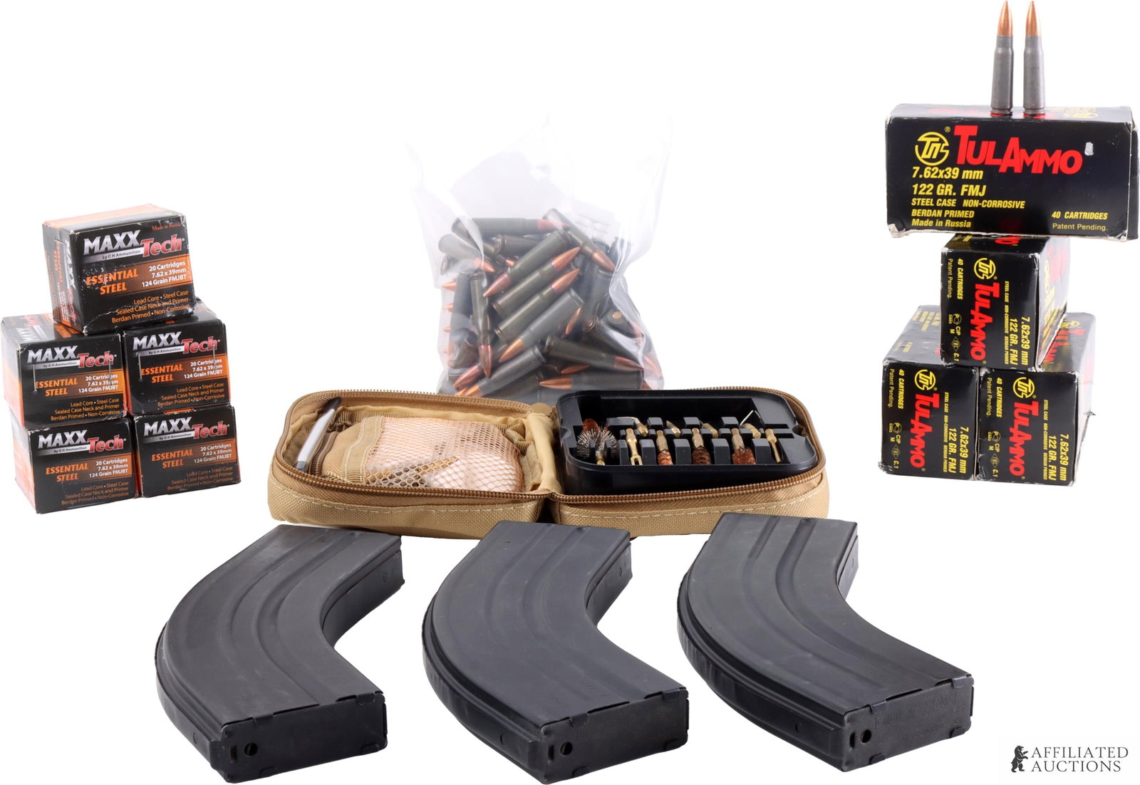 270+ Rounds 7.62 Ammo w/ 3 AR-15 Magazines: FOUR (4) Boxes of 40ct TulAmmo 7.62x39mm 122 gr. FMJ cartridges. FIVE (5) Boxes of 20ct MaxxTech 7.62x39mm 124gr FMJ BT cartridges. 30+ Rounds of loose 7.62x39mm. Additionally includes THREE (3) Duram