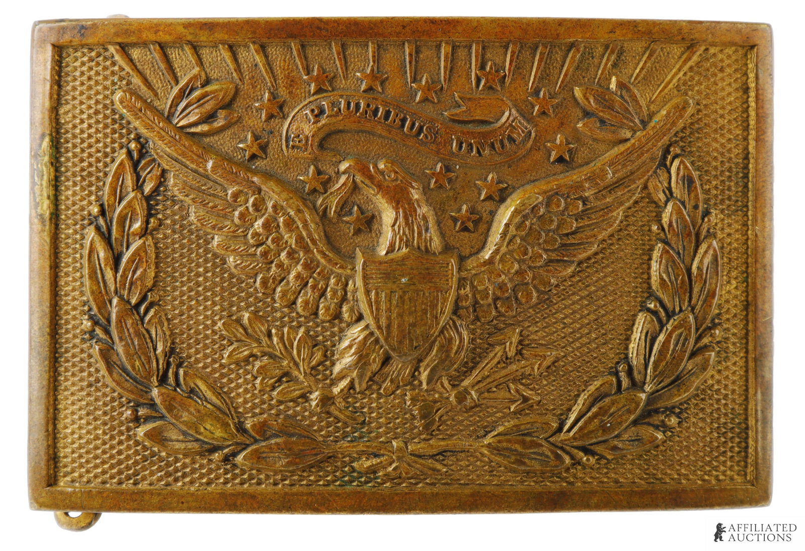 Indian Wars US M1874 Officer's Sword Belt Plate: US M1874 officer's sword belt plate. Obverse has eagle on checkered field. Wolf's head trade mark on reverse. Dimensions 77.8x51.5mm.