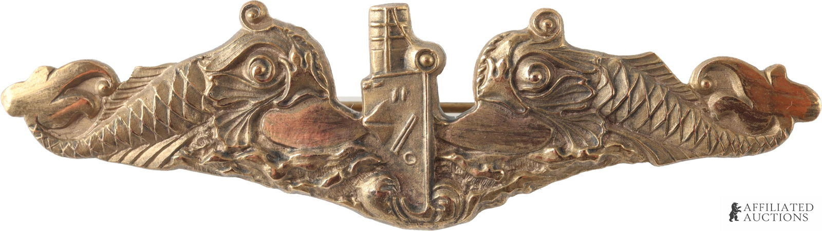 WWII US Navy Sub Dolphin Badge Rare Top Hook: Brass construction. Features rare top support hook. It measures 2 3/4 inches. | This lot has a reserve.