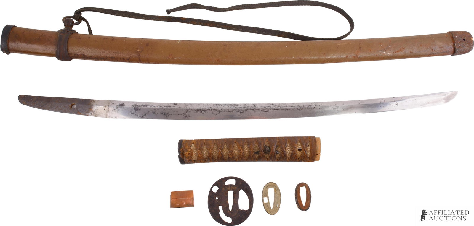 Type 3 1944 Last Ditch Gunto Wakizashi: A Type 3 last ditch gunto, cut to a wakizashi length, likely 1944. Appears to be an IJN variant. Unsigned, unstamped. Blade is 21.6 inches in length. Brown painted scabbard. Cord attached.