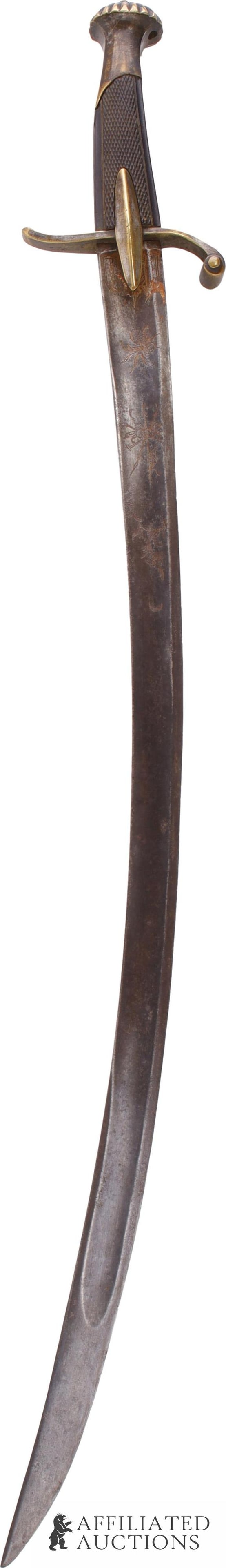 Napoleonic Infantry Officer Saber 1800-1815: An infantry officer's saber from the Napoleonic era. Wood and brass handle, steel blade. Blade is etched with stands of arms. Blade is 26.5 inches, Guard to pommel is 5 inches.