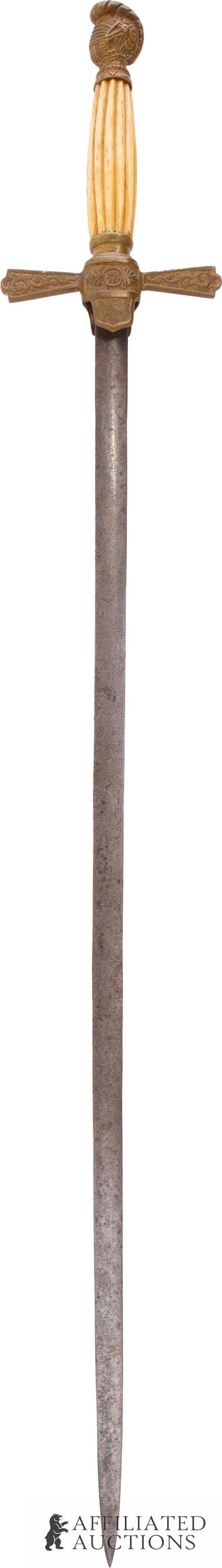 Militia Officer's Sword Antebellum United States: A model 1840 militia's officer's sword. Brass and bone handle with steel blade. Unmarked. Total item length is 32 inches. No scabbard.