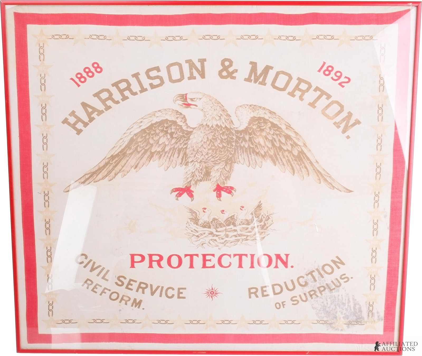 Harrison & Morton Protection Advertisement Flag: Dated 1888 - 1892 Harrison & Morton Protection advertisement flag. The image shows a strong bald eagle under HARRISON & MORTON. PROTECTION in bold red underneath. It measures 23 X 25 inches in frame.
