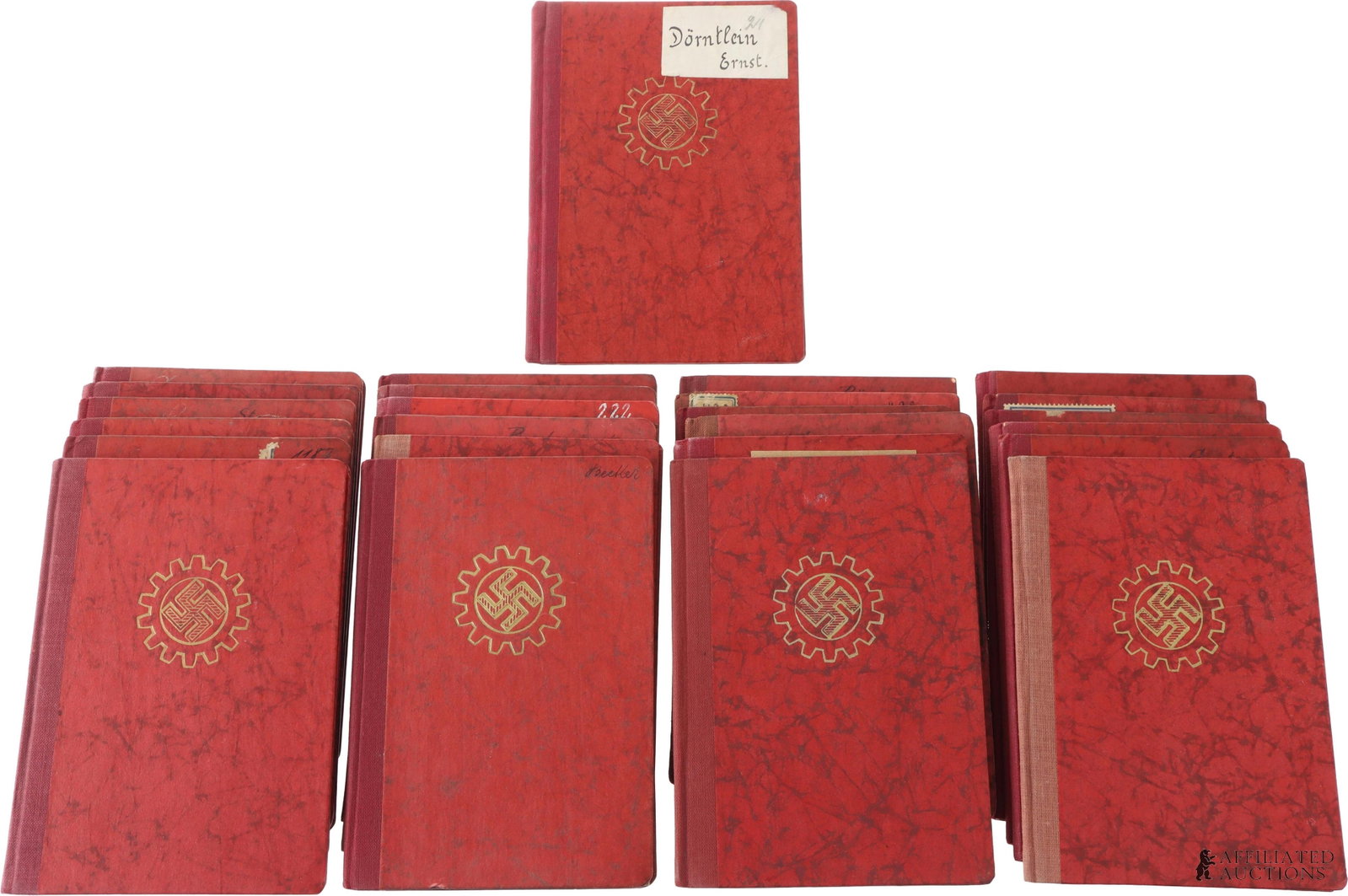 Lot of 25 WWII German Labor Front Membership Books: Lot of twenty-five (25) original German Labor Front (DAF) membership booklets. The Deutsche Arbeitsfront replaced independent trade unions during the Party's rise to power in Germany. | This lot has a