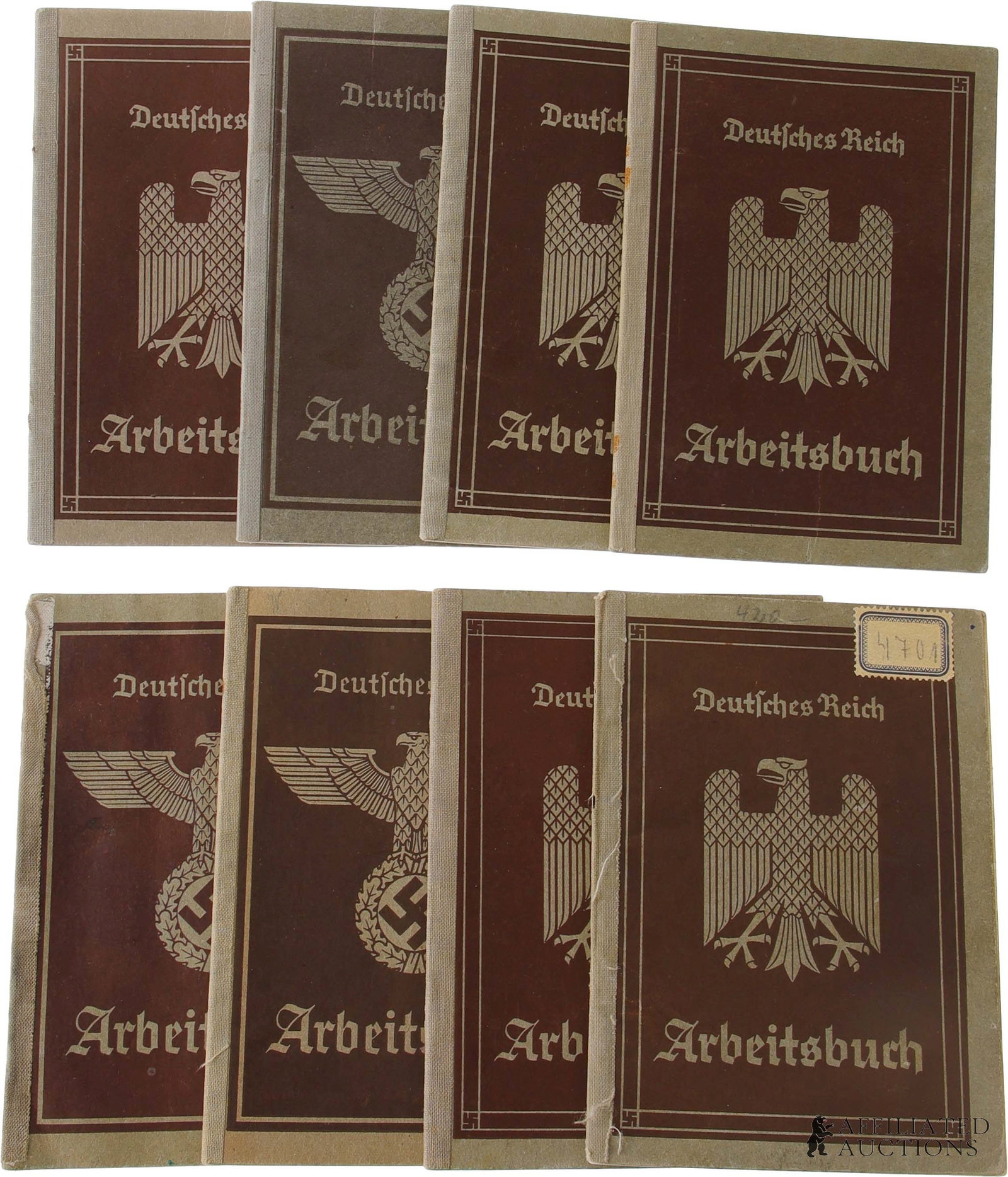 Lot of 18 WWII German Labor Books Arbeitsbuch: Lot of eighteen (18) original Third Reich Arbeitsbuchs or labor books. Every German worker was required to maintain a labor book to aid the state in managing labor deployment. | This lot has a reserve