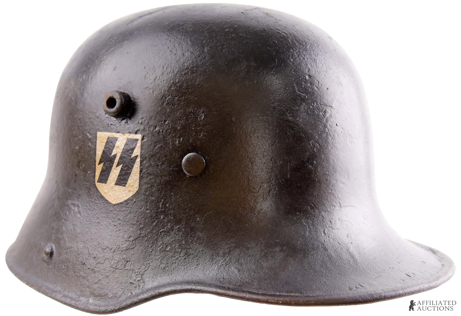 SS Double Decal Transitional M16 Stahlhelm: Third Reich SS transitional or reissued M16 Stahlhelm. Exterior painted black over dark grey and has SS runes and Party shield decals. Interior marked "SI66" on forward left part of skirt and has been