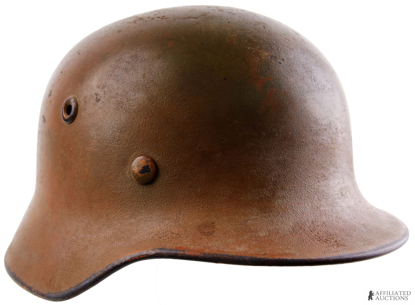 Normandy Camo M40 Helmet WWII German Reich: WWII German M40 stahlhelm. Features Normandy camo paint on exterior, 2 vent holes and rivets. Camo has a tan base layer with red and green accents to create the tri color pattern. The single Heer deca