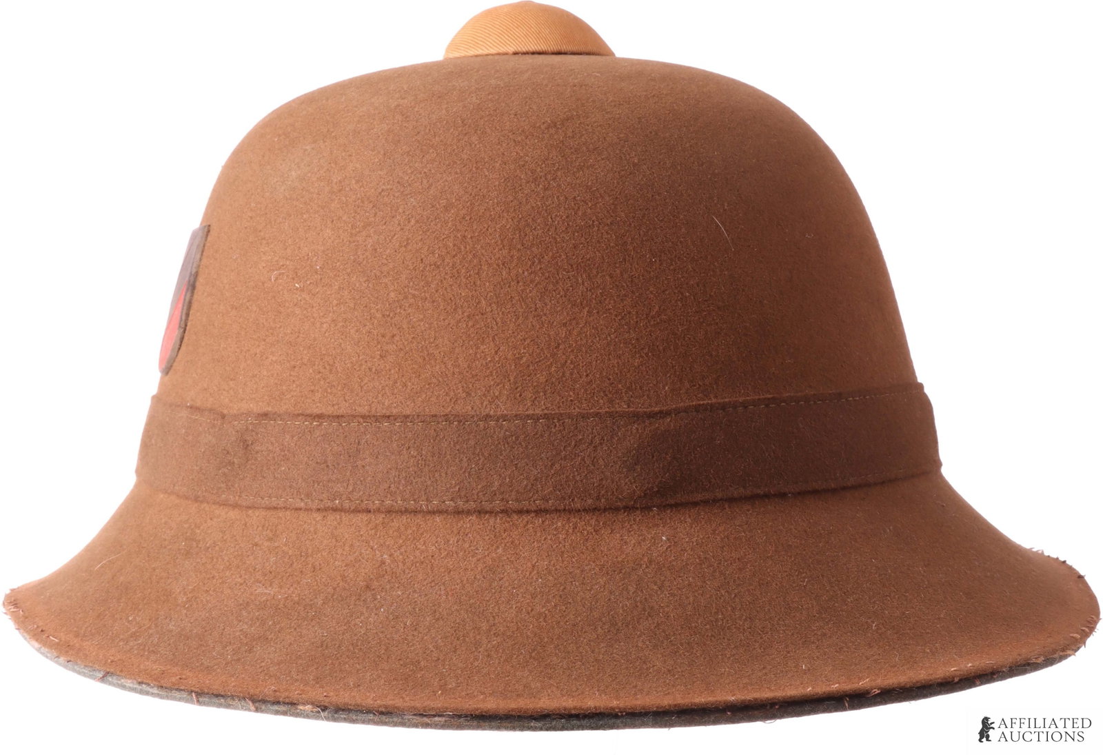 WWII German DAK 2nd Model Pith Helmet: The pith features olive covered felt. Zinc Army and NSDAP emblems. Embossed on the leather is "JHS." Interior diameter measures 7 3/8 inches approximately.