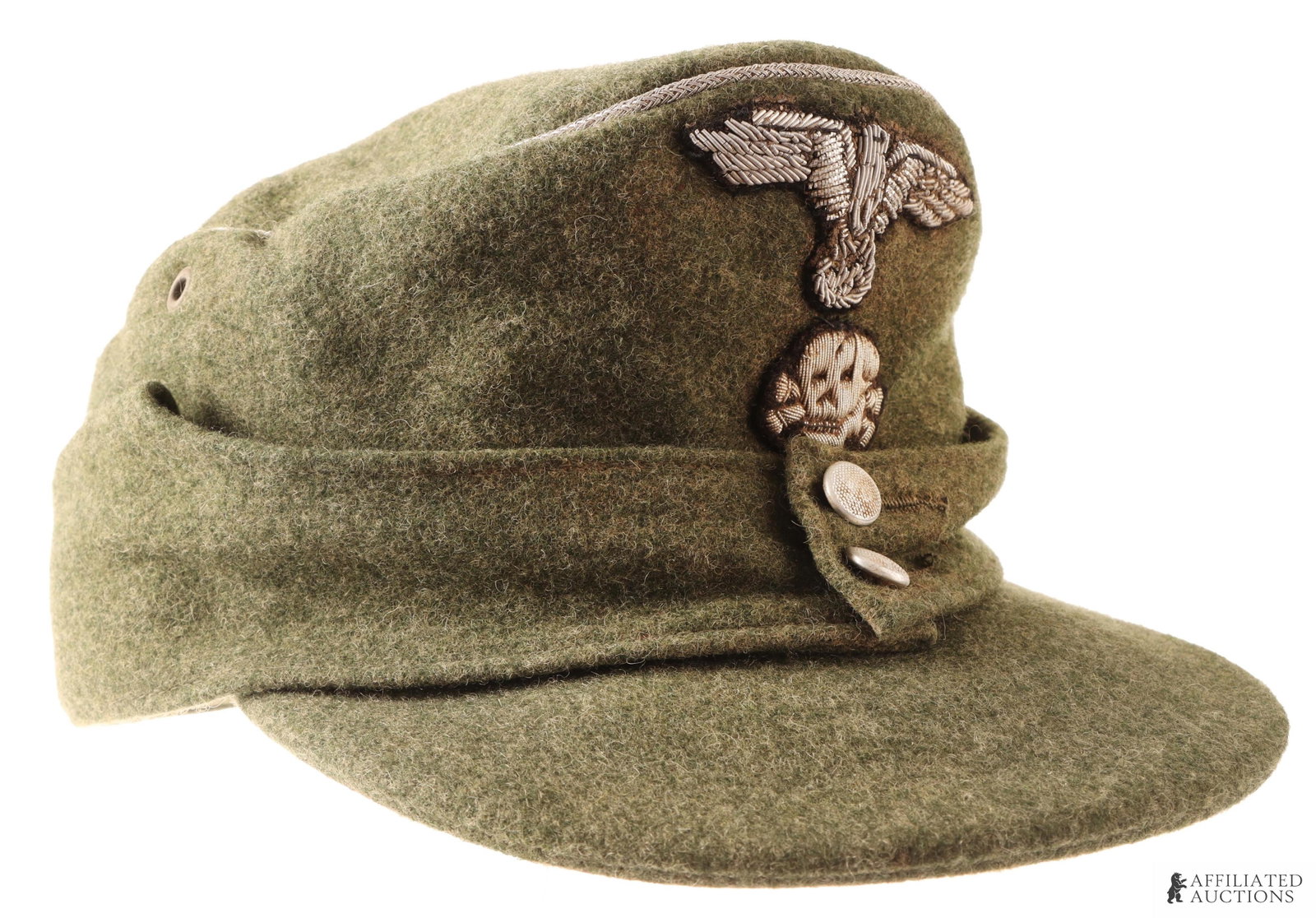 M43 Field cap for SS Officer WWII German: Wool construction. Field grey in color. Exterior features silver bullion piping, bullion reichsadler and totenkopf, and pebbled buttons. Ink stamped size 58, dated 1943, and maker marked. | This lot h