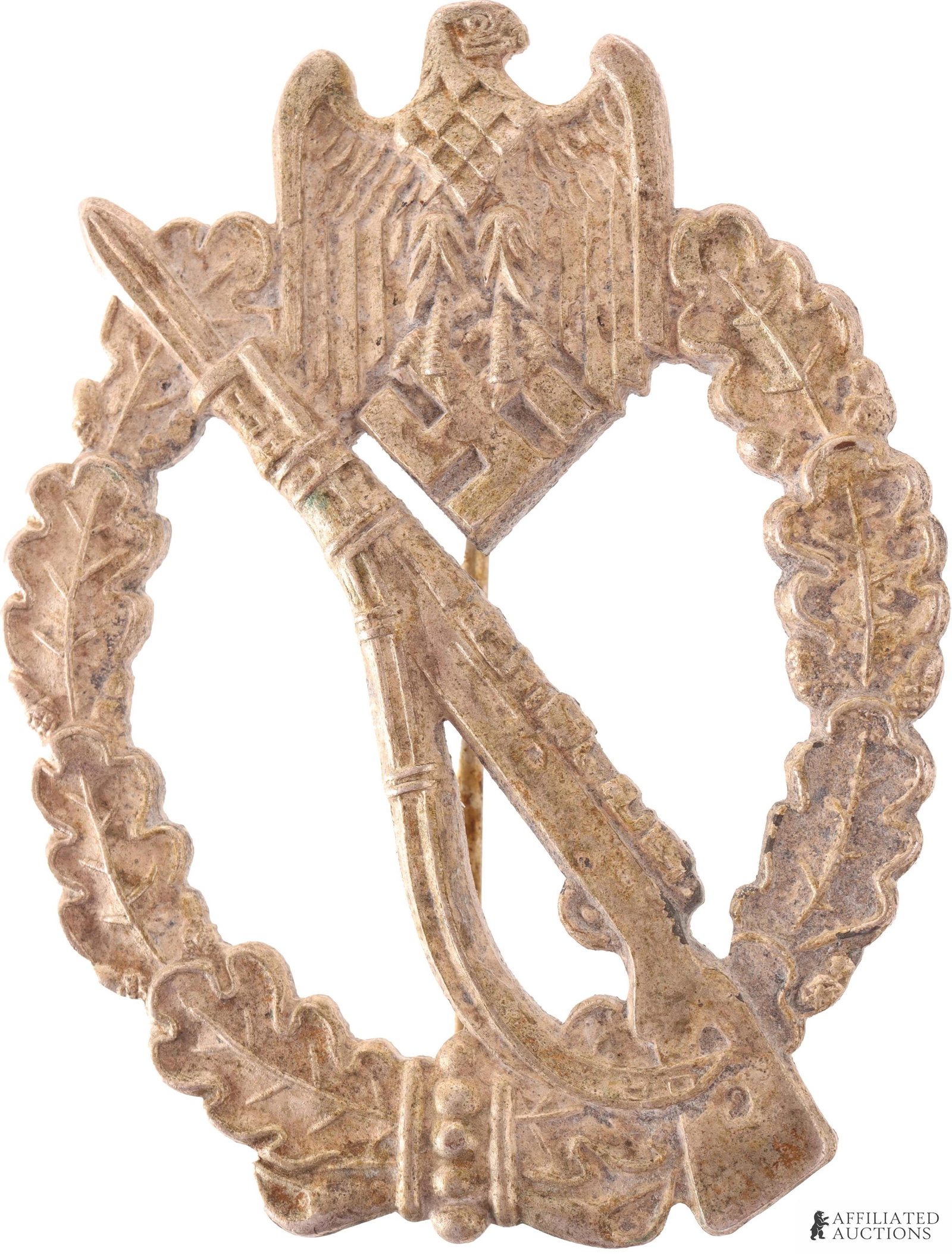 WWII German Reich Infantry Assault Badge: Unmarked type. Features rifle with Heer eagle and oak leaf wreath. Silver grade. Measures 61mm.