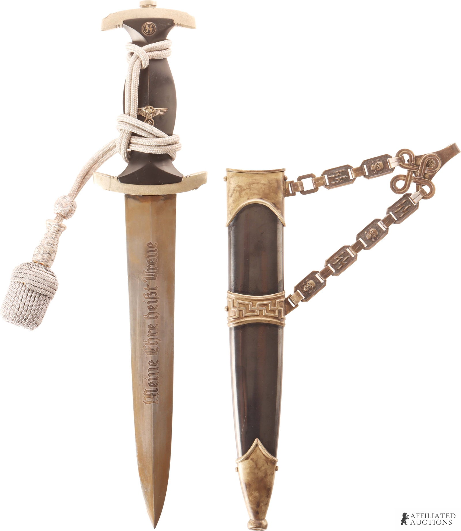WWII SS M36 Officer's Chained Dagger with Portepee: German SS M36 Officer's Chained Dagger with scabbard and portepee. Steel blade with acid-etched motto viewed under 30x magnification. Anodized steel scabbard with nickel-silver chape and throat. Eboni