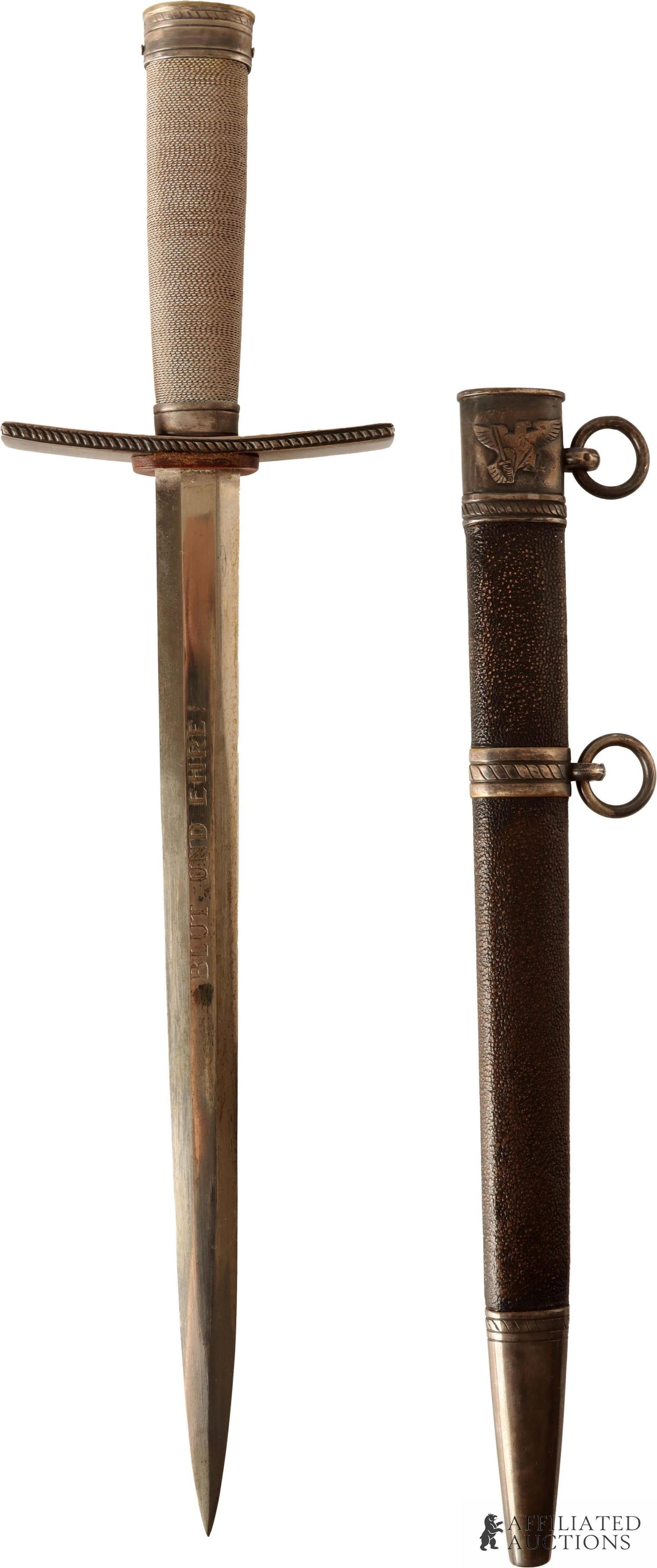 WWII Hitler Youth Leader's Dagger RZM M7/36: Hitler Youth Leader's Dagger with scabbard. Nickel-plated steel blade. Reverse is acid-etched "RZM M7/36" for E & F Horster Solingen. Blade likewise has acid-etched motto "BLUT UND EHRE!" Etching was