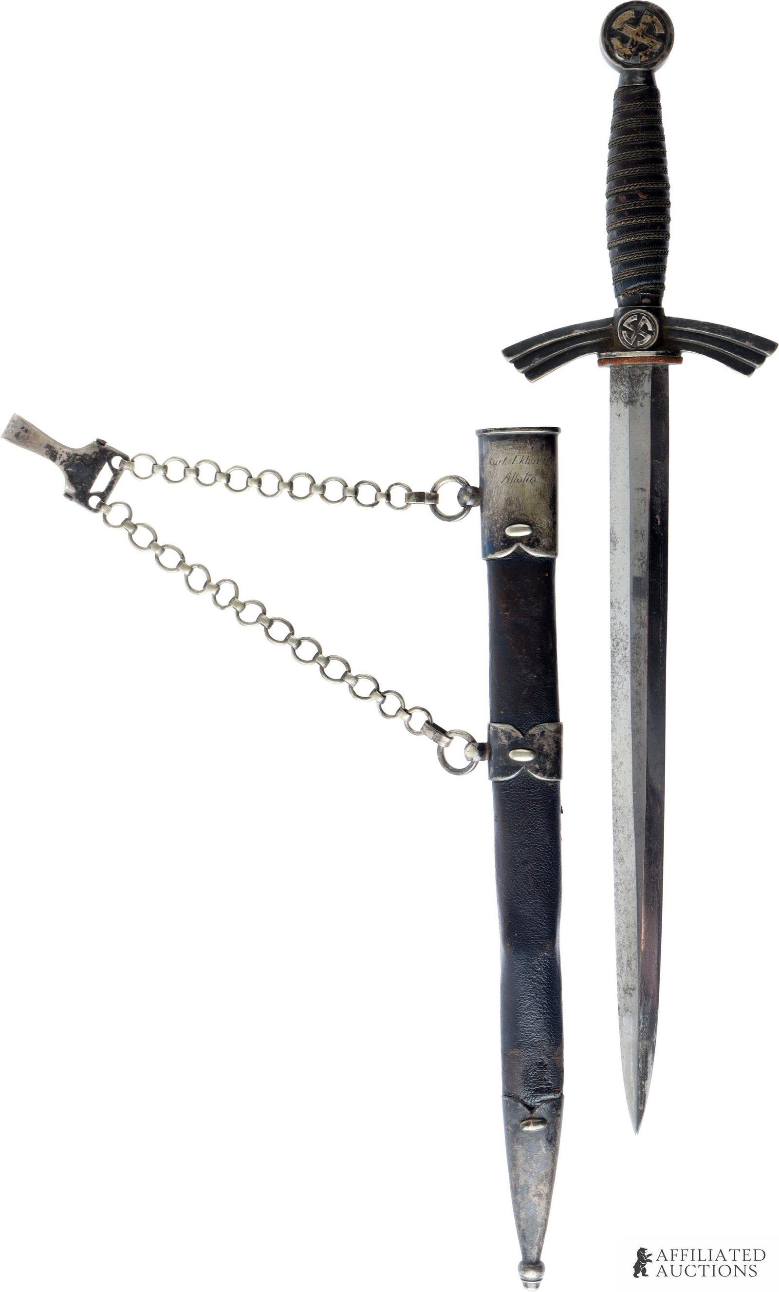 Luftwaffe Transitional Model 1 Dagger WWII German: Rare leather covered cardboard scabbard with stapled silver fittings. Early Eickhorn squirrel in oval. Plated steel blade. Leather grip with braided wire. Throat engraved to Kurt Ekhart Allolio who se