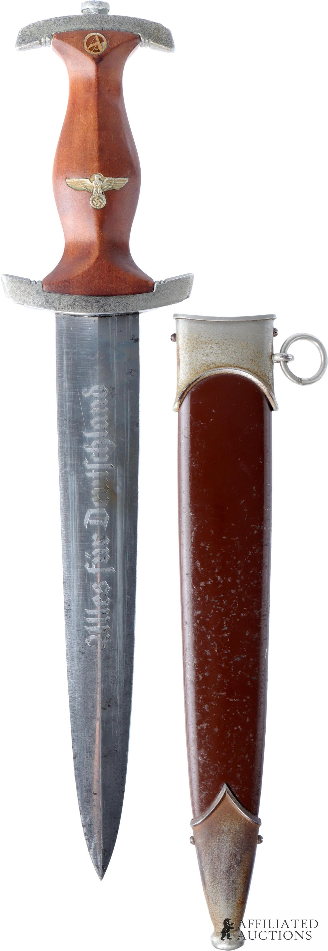 SA Transitional Dagger W Etched Ski Championship: WWII German SA dagger gift for 1936 ski championship. Steel blade with wood grip and inlaid SA runes with eagle. Reverse is etched with '1936 SA Ski World Championship in Schreiberhau. Also etched is