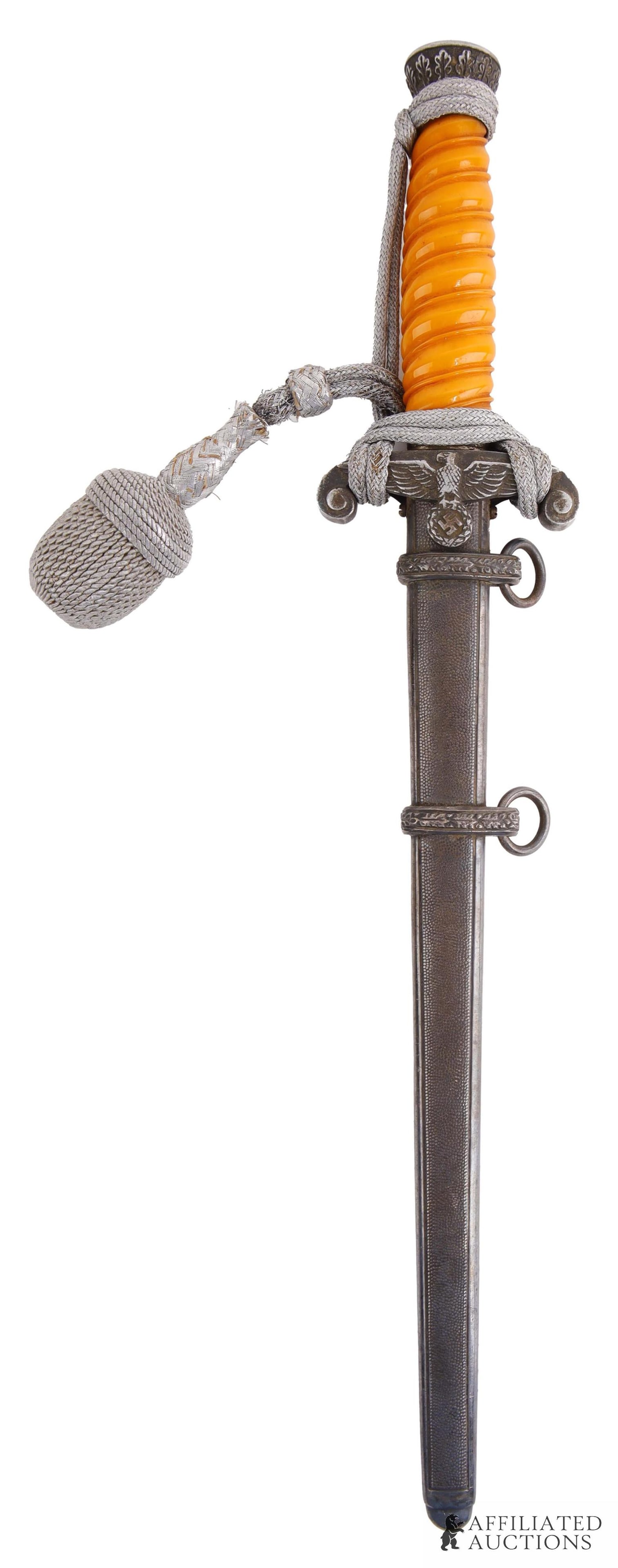 Army Heer Dress Dagger WWII German Reich: Army dress dagger with portepee. Nickel plated steel blade with acid etched E. Pack. Sohne maker mark on reverse. Grip is Bakelite. Crossguard, pommel, and scabbard are silvered. It measures 14 1/4 in