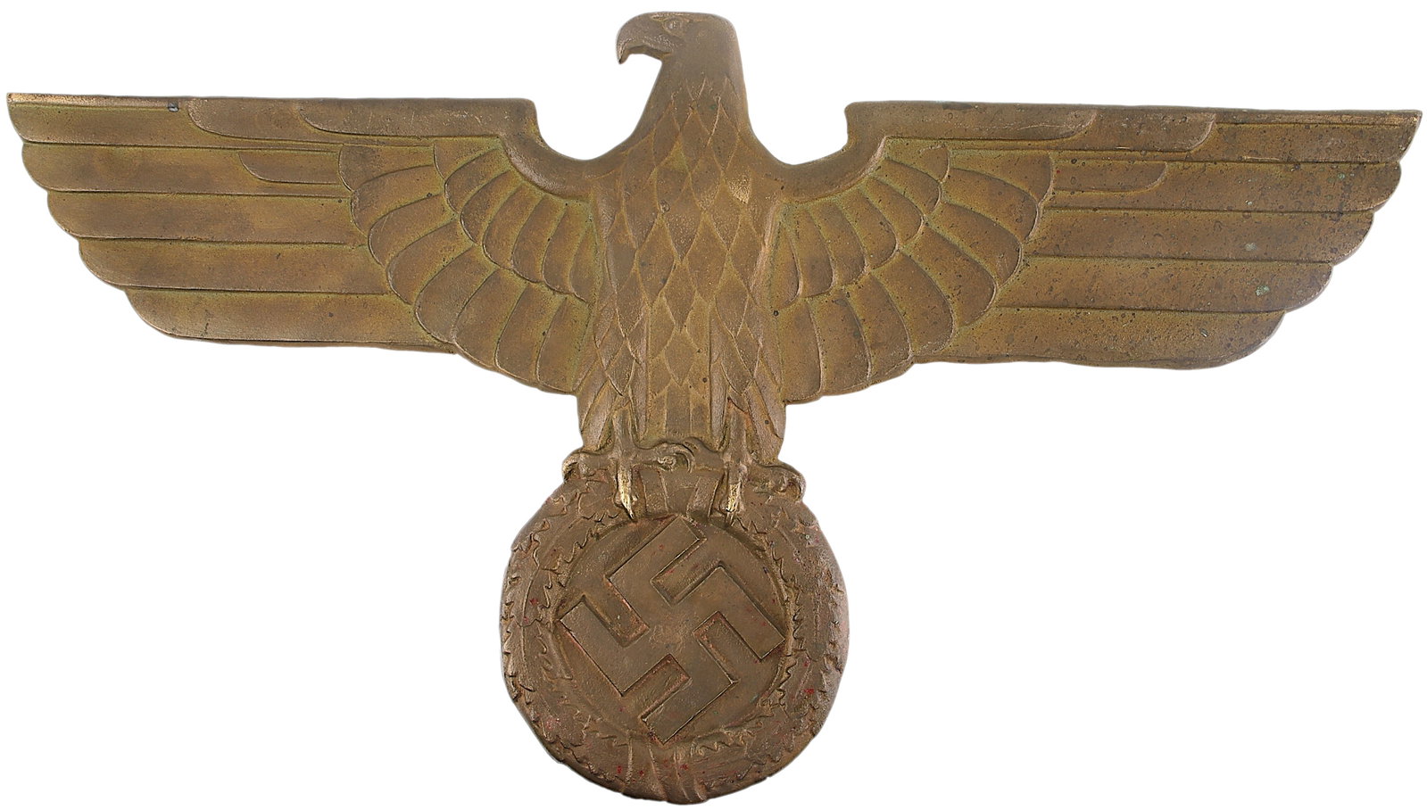 Third Reich J&Z 28-inch Reichsbahn Railroad Eagle: Original Deutsche Reichsbahn Adler or National Railroad Eagle. Semi-hollow sand-cast of aluminum alloy. Dull yellow patina typical of oxidized aluminum-magnesium alloys. Traces of red paint on