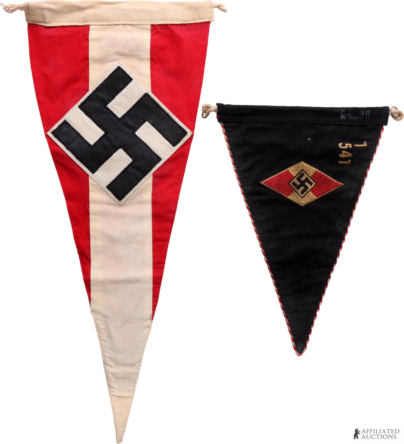 2 Hitler Youth Pennant Flags WWII German: Both double sided cloth construction. The black features alternating red and white piping, HJ diamond, and unit mark. The red and white striped one measures 22 X 9 inches approximately. The black one