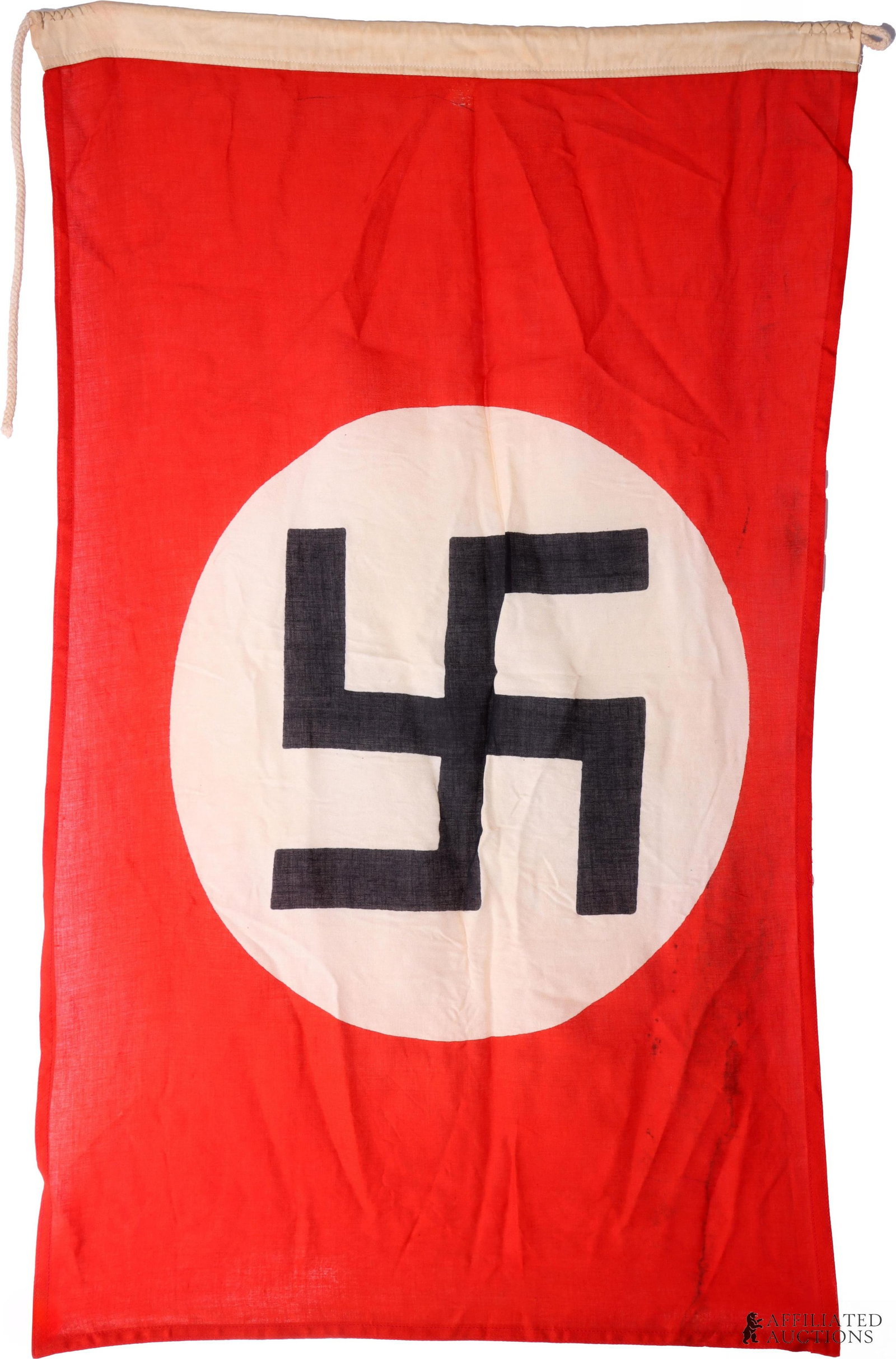 Early WWII German NSDAP Flag: Cloth linen construction, early party flag with straight swastika unlike normal tilted type. Double sided. Printed type. Measures approximately 34 X 22 inches. | This lot has a reserve.