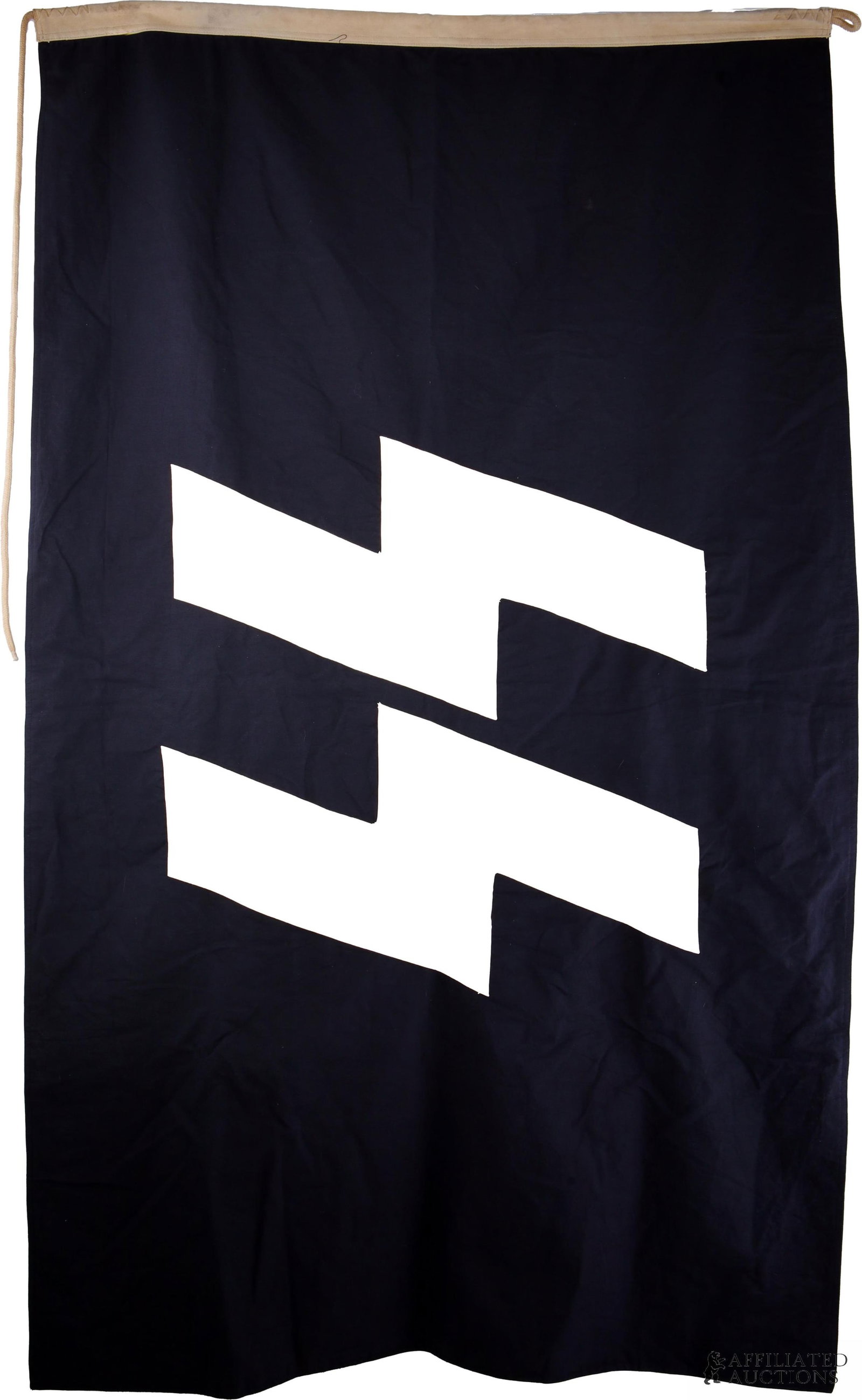 Large SS Flag WWII German Reich: Cloth construction. Double sided with stitched | SS runes. Measures 55 X 34 inches approximately. | This lot has a reserve.