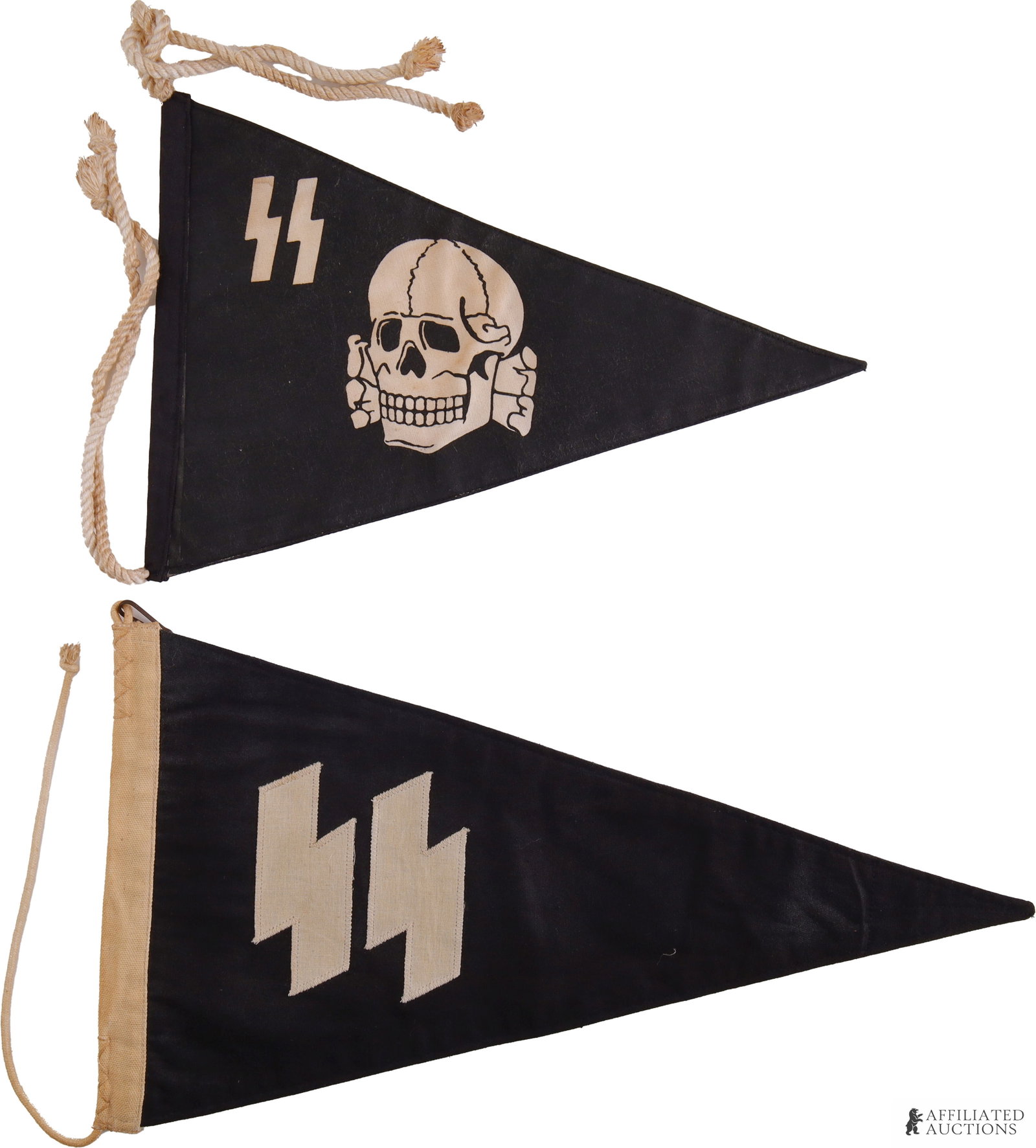 Lot of 2 SS Pennants WWII German Reich: Both cloth construction. One features printed SS runes and totenkopf. The other features stitched SS runes. They measure 12 3/8 inches and 17 inches. | This lot has a reserve.