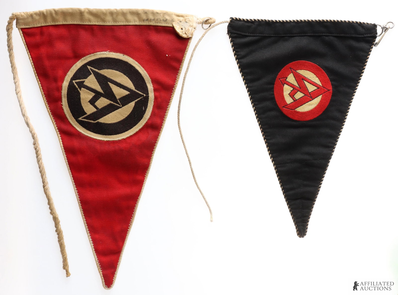 Lot of 2 WWII German NSDAP SA Pennants: Both cloth construction. One in black with red SA runes and black and white piping. It measures 11 inches. It measures 13 inches. The other is red with black SS runes and white border. It measures 13 