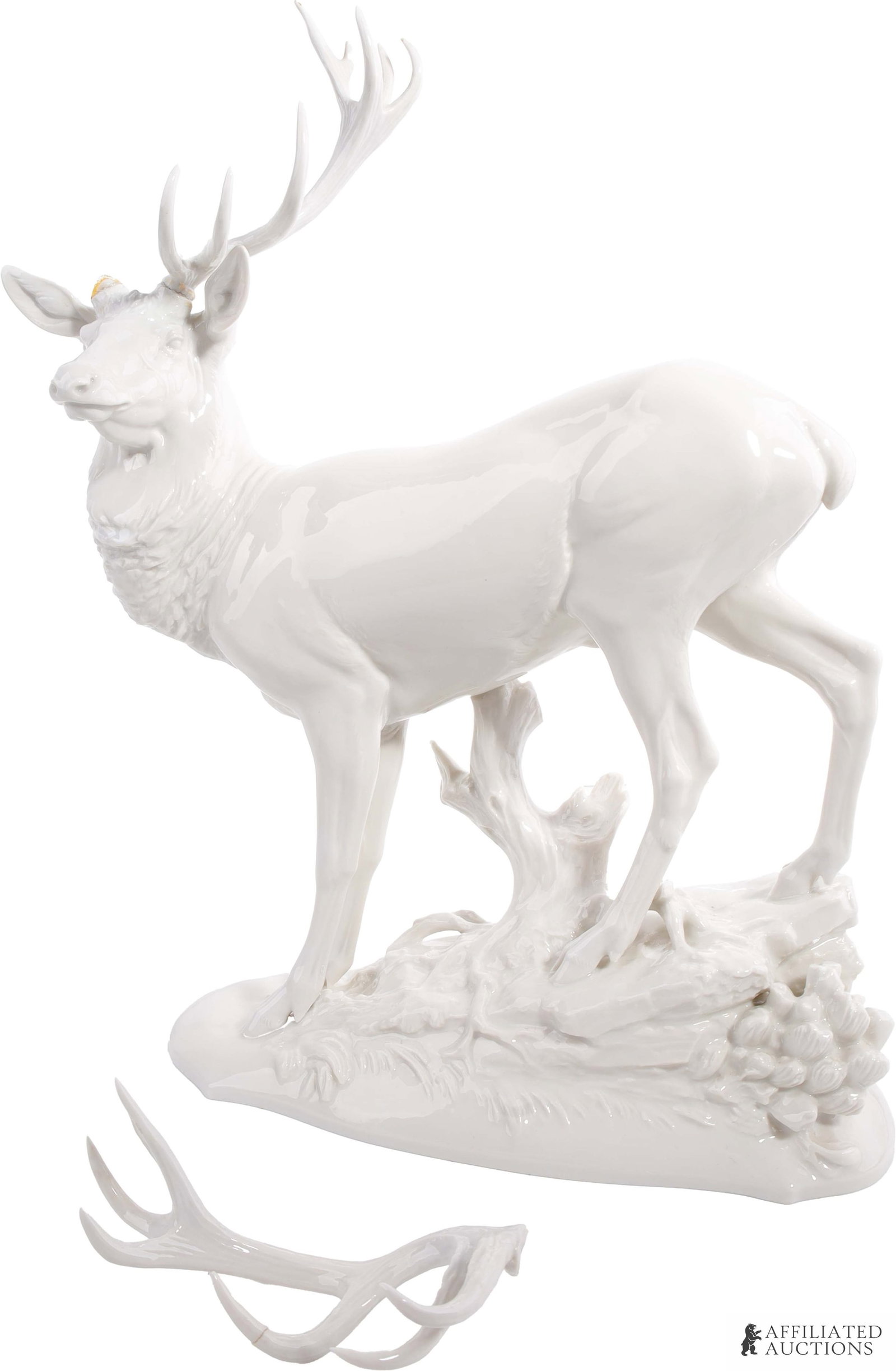 SS Allach Mountain Stag Berghirsch Model 10: SS Allach porcelain figurine Mountain Stag (Berghirsch) Model 10. Designed by Professor Theodor Karner. Underside impressed with ?T. Karner,? model number and stylized SS runes over "Allach" in Gothic