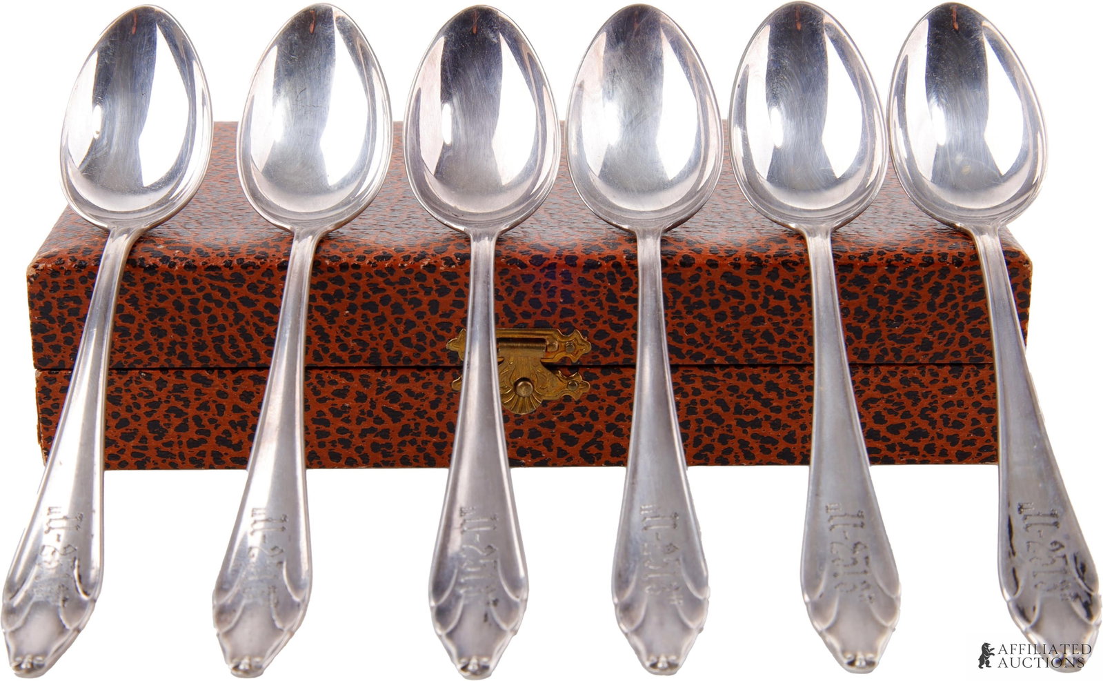 Cased Set U-boat 2513 Silver Plated Spoons: Silver plated spoon set from U-2513. Reverse marked with Kriegsmarine eagle and M. Maker marked "Hartglanz". They measure 5 1/2 inches. | This lot has a reserve.