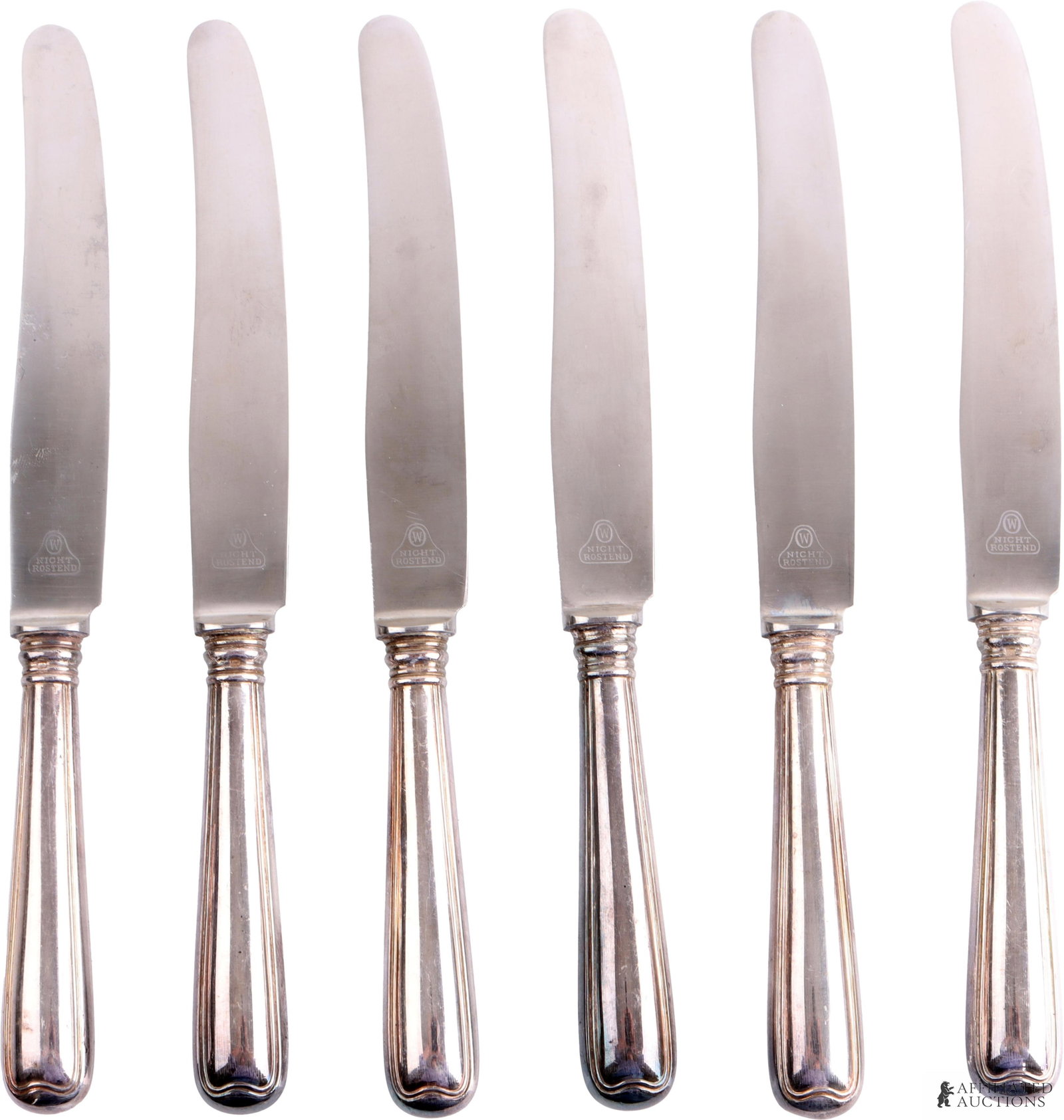 Liebstandarte Adolf Hitler Knife Lot of 6 WWII: Lot of 6 LAH monogrammed knives. Marked W Nicht Rostend. All silver plated. Measure 9 3/4 inches. | This lot has a reserve.