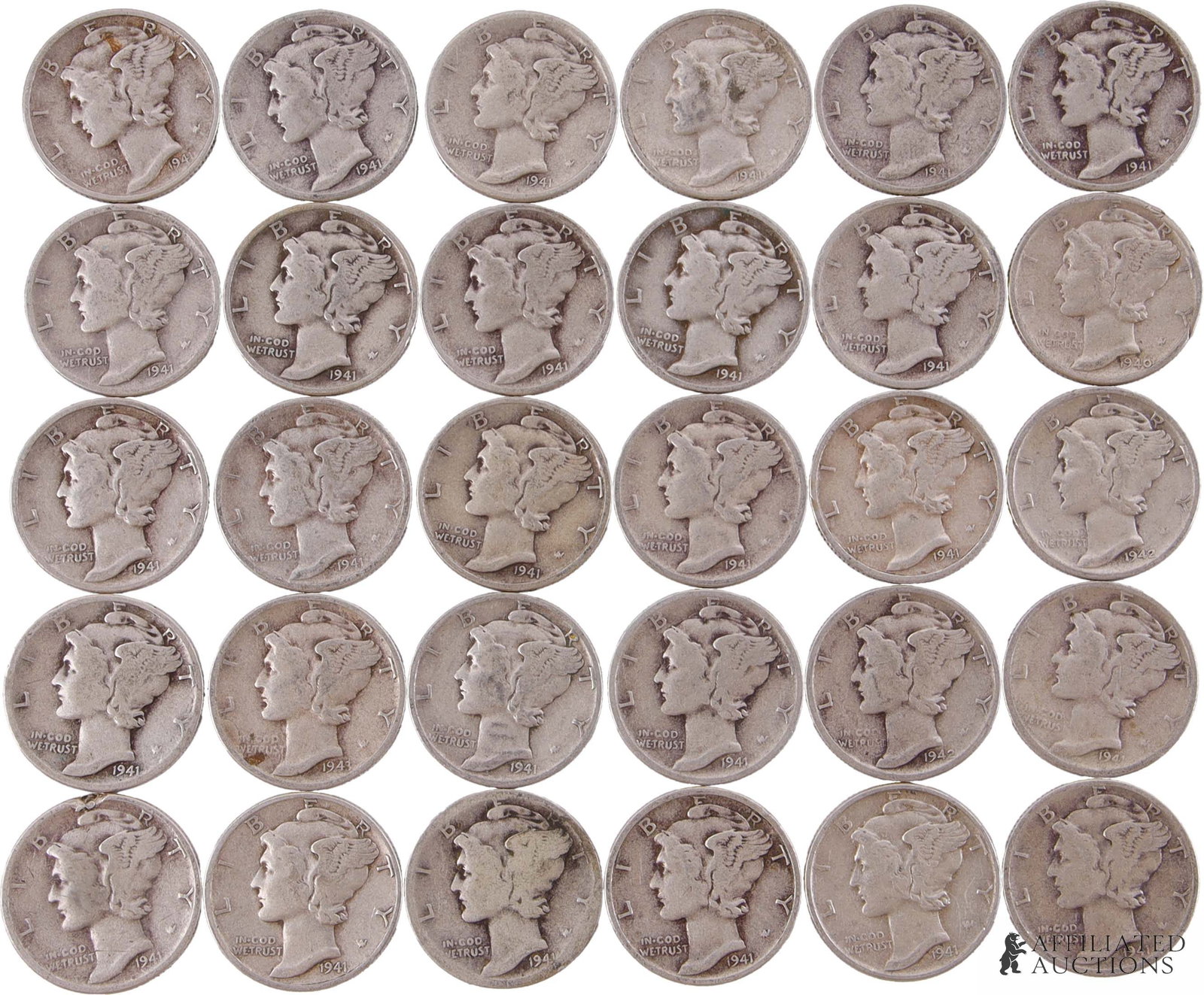 1941 Mercury Dimes 90% Silver $3 Face Value: $3 face value of 90% silver Mercury Dimes, all dating from the year 1941. Metal: 90% silver Country of Origin: USA Year Minted: 1941. | This lot has a reserve.