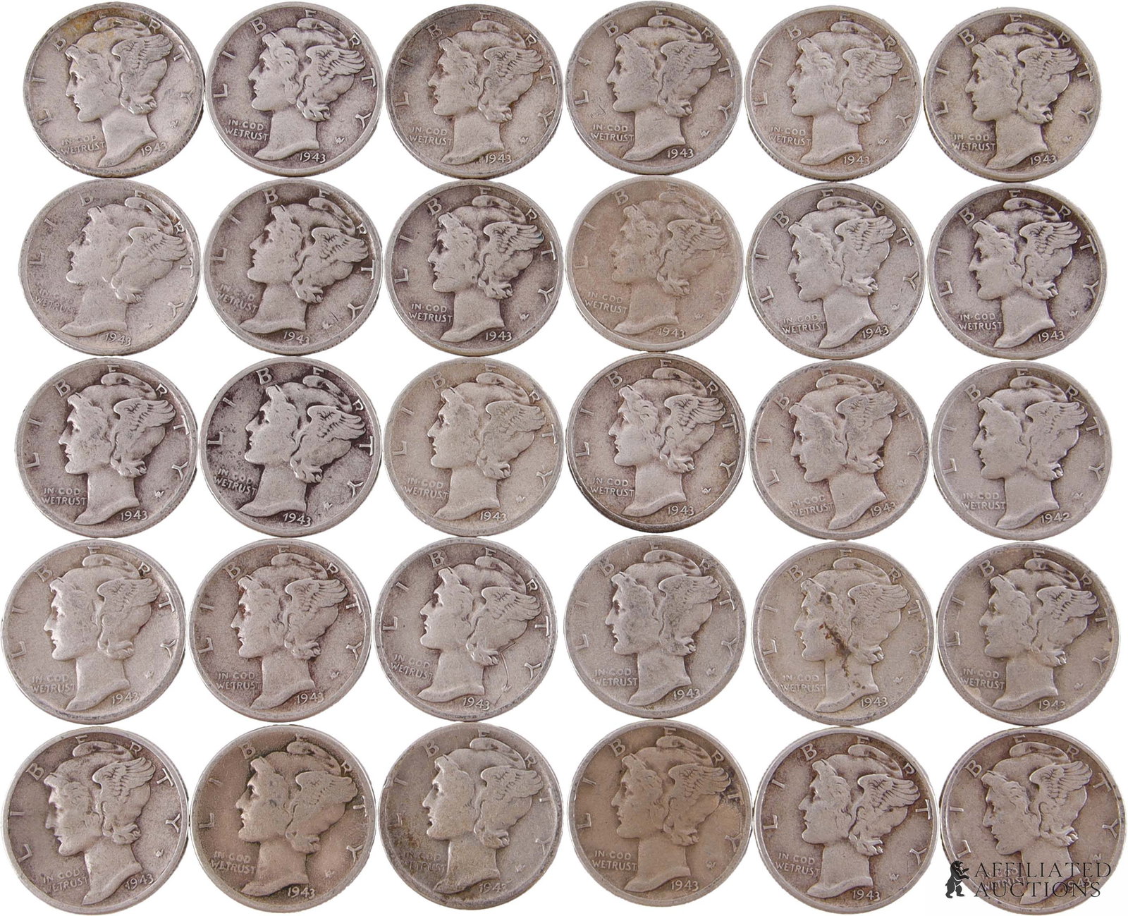 1943 Mercury Dimes 90% Silver $3 Face Value: $3 face value of 90% silver Mercury Dimes, all dating from the year 1936. Metal: 90% silver Country of Origin: USA Year Minted: 1936. | This lot has a reserve.