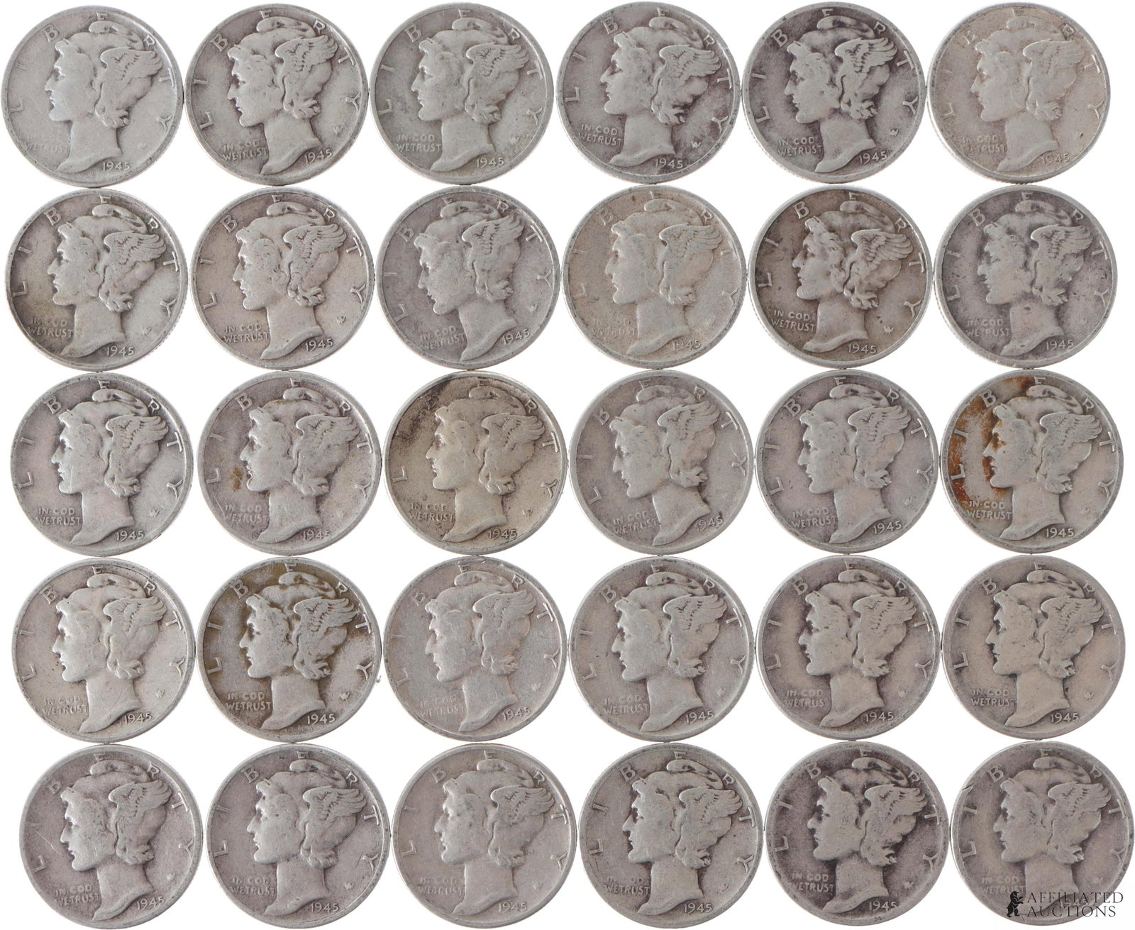 1945 Mercury Dimes 90% Silver $3 Face Value: $3 face value of 90% silver Mercury Dimes, all dating from the year 1945. Metal: 90% silver Country of Origin: USA Year Minted: 1945. | This lot has a reserve.