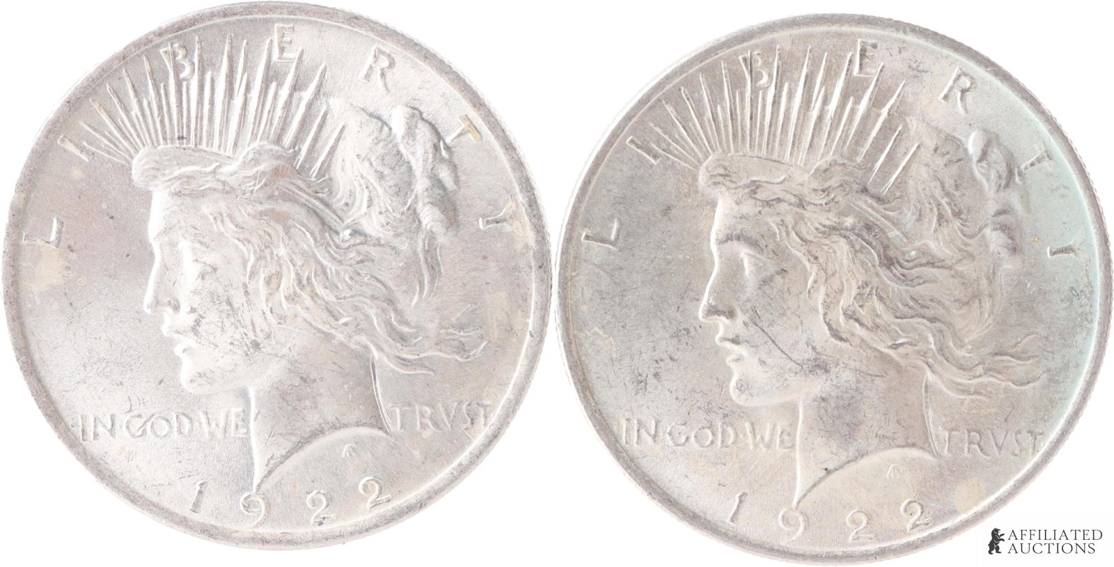 1922 United States Peace Silver Dollar Lot of 2: Two (2) 90% silver United States Peace silver dollars, both 1922, Philadelphia. Mint. Each coin contains .7734 of a troy ounce of silver, for a total of 1.54 troy ounces. Metal: 90% silver Country of 