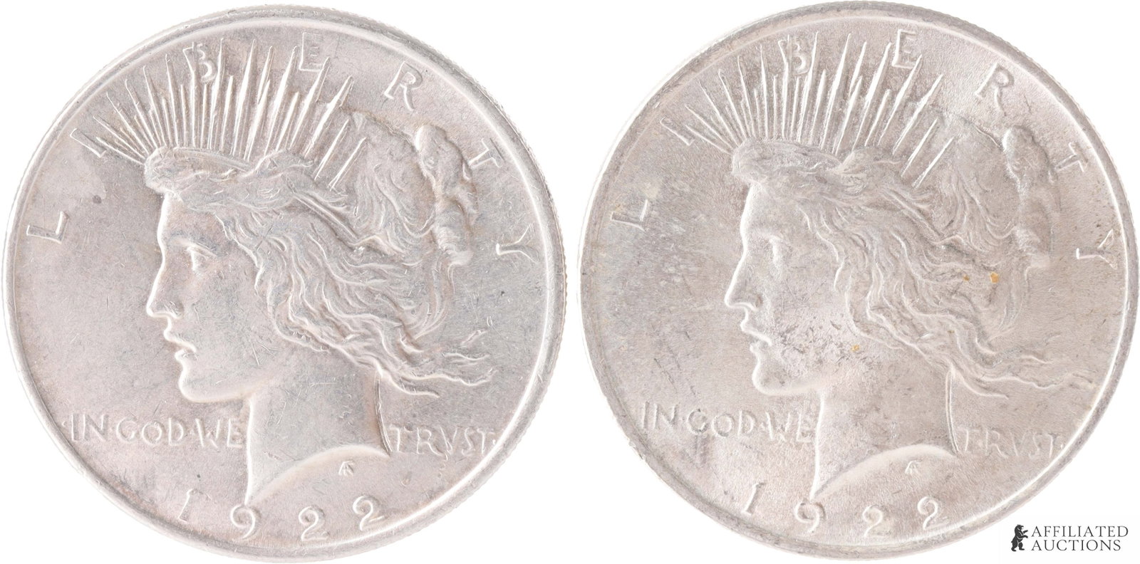 1922 United States Peace Silver Dollar Lot of 2: Two (2) 90% silver United States Peace silver dollars, both 1922, Philadelphia. Mint. Each coin contains .7734 of a troy ounce of silver, for a total of 1.54 troy ounces. Metal: 90% silver Country of 