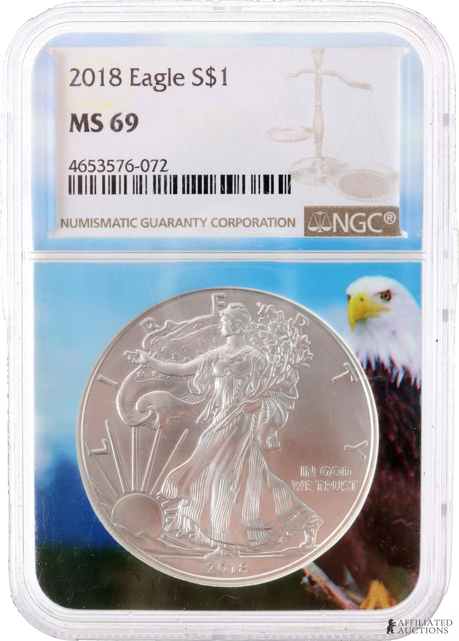 2018 Silver Eagle .999 Fine Silver MS 69 NGC: One 2018 United States Silver Eagle. NGC encapsulated and graded, graded MS 69. Certification #4653576-072. Metal: .999 fine silver Country of Origin: United States of America Year Minted: 2018.