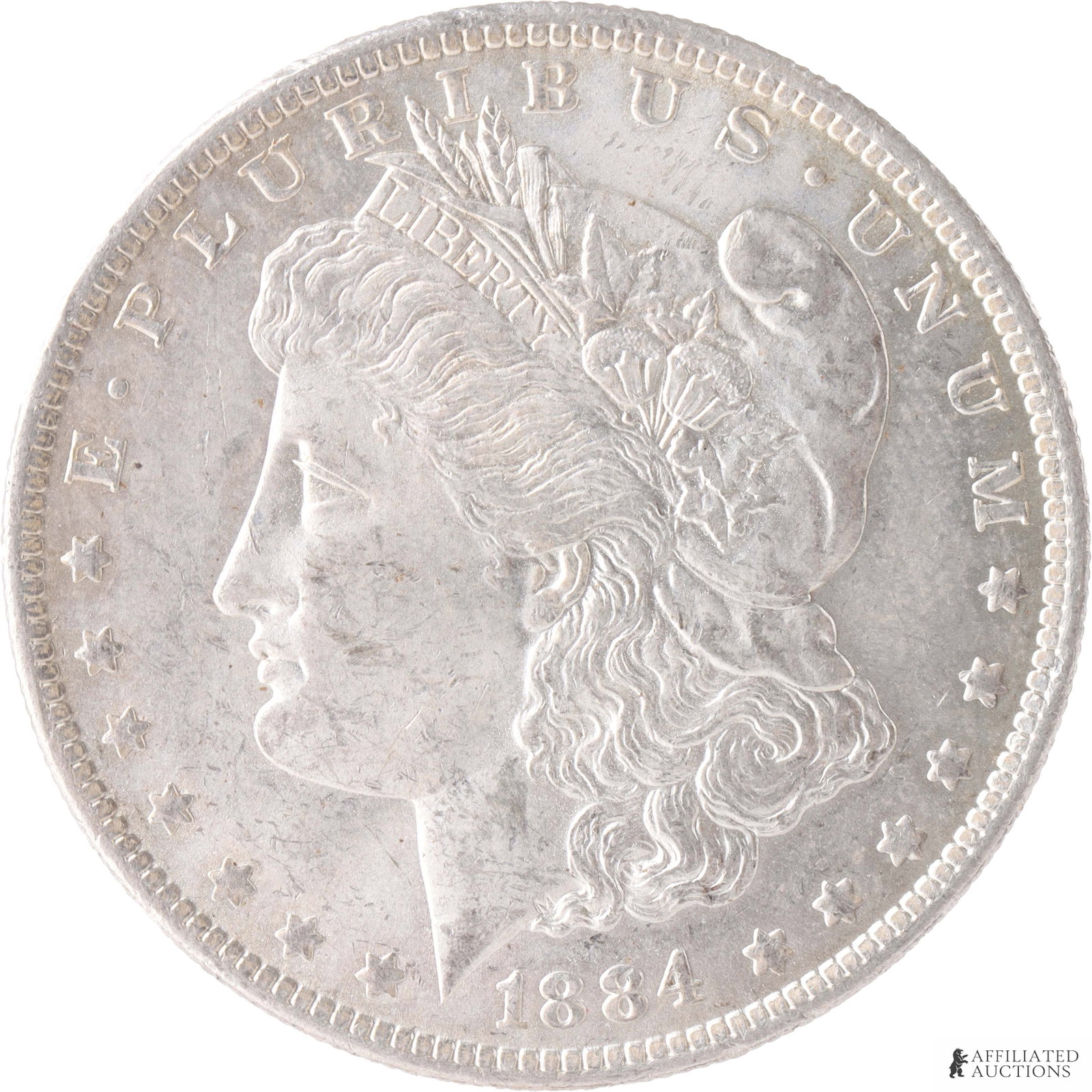 1884 O Morgan Silver Dollar 90%: One 1884 Morgan silver dollar, 90%. Minted in New Orleans. Contains 0.7734 OZT of pure silver. Metal: 90% silver Country of Origin: United States of America Year Minted: 1884. | This lot has a reserve