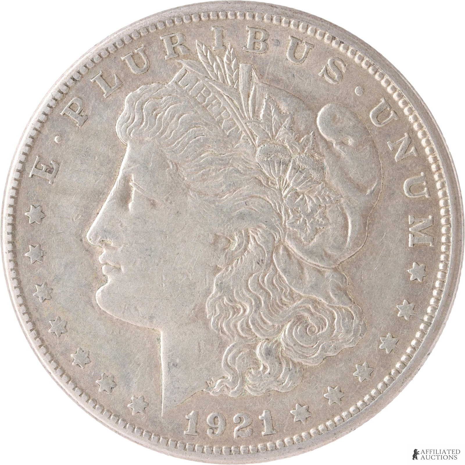 1921 S Morgan Silver Dollar 90%: One 1921 Morgan silver dollar, 90%. Minted in San Francisco. Contains 0.7734 OZT of pure silver. Metal: 90% silver Country of Origin: United States of America Year Minted: 1921. | This lot has a reser