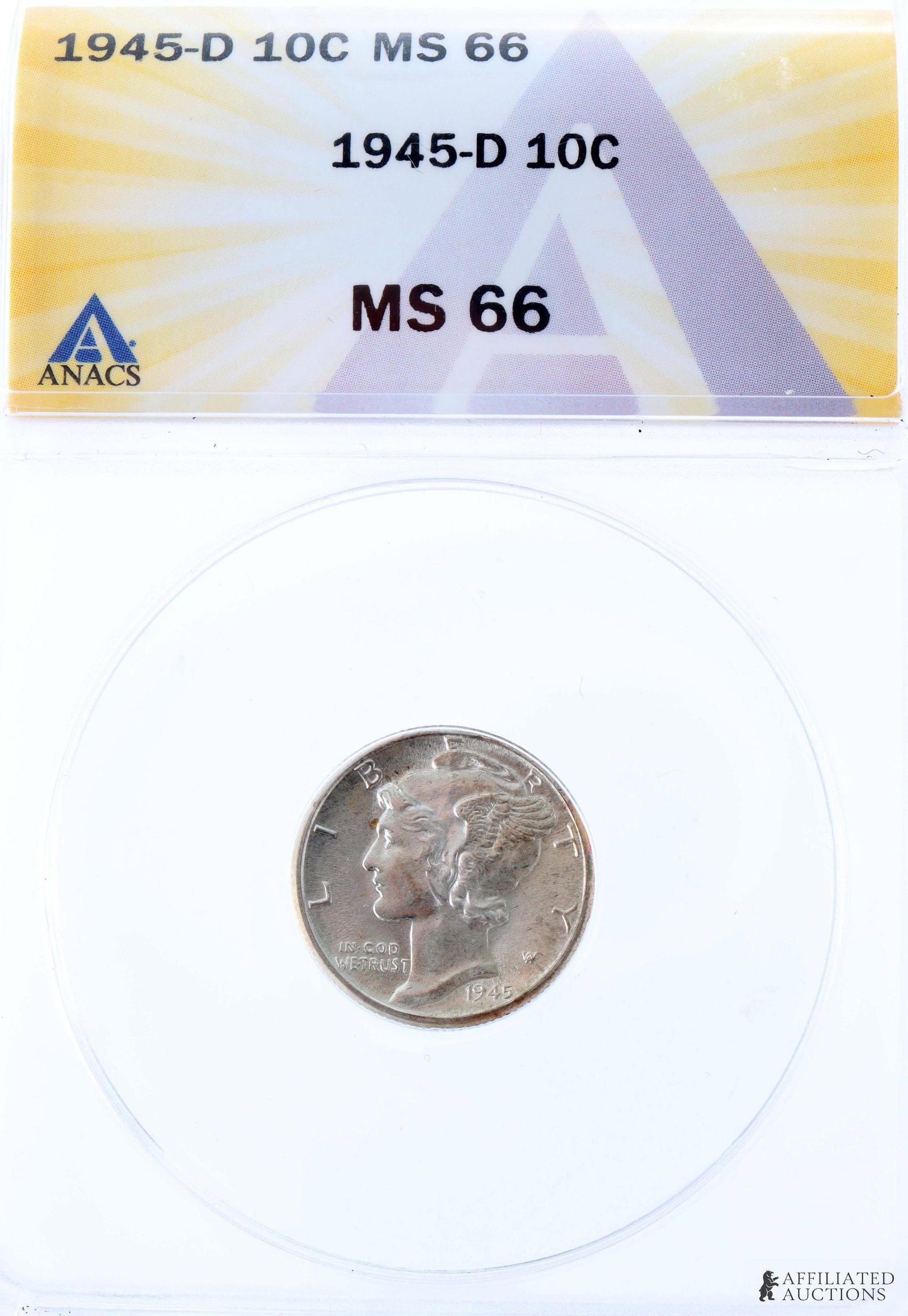 1945 D Mercury Dime MS 66 ANACS: An ANACS slabbed 1945-D Mercury dime. 90% silver, United States of America. ANACS grade MS 66, certificate #7572328. Metal: 90% silver Country of Origin: USA Year Minted: 1945.