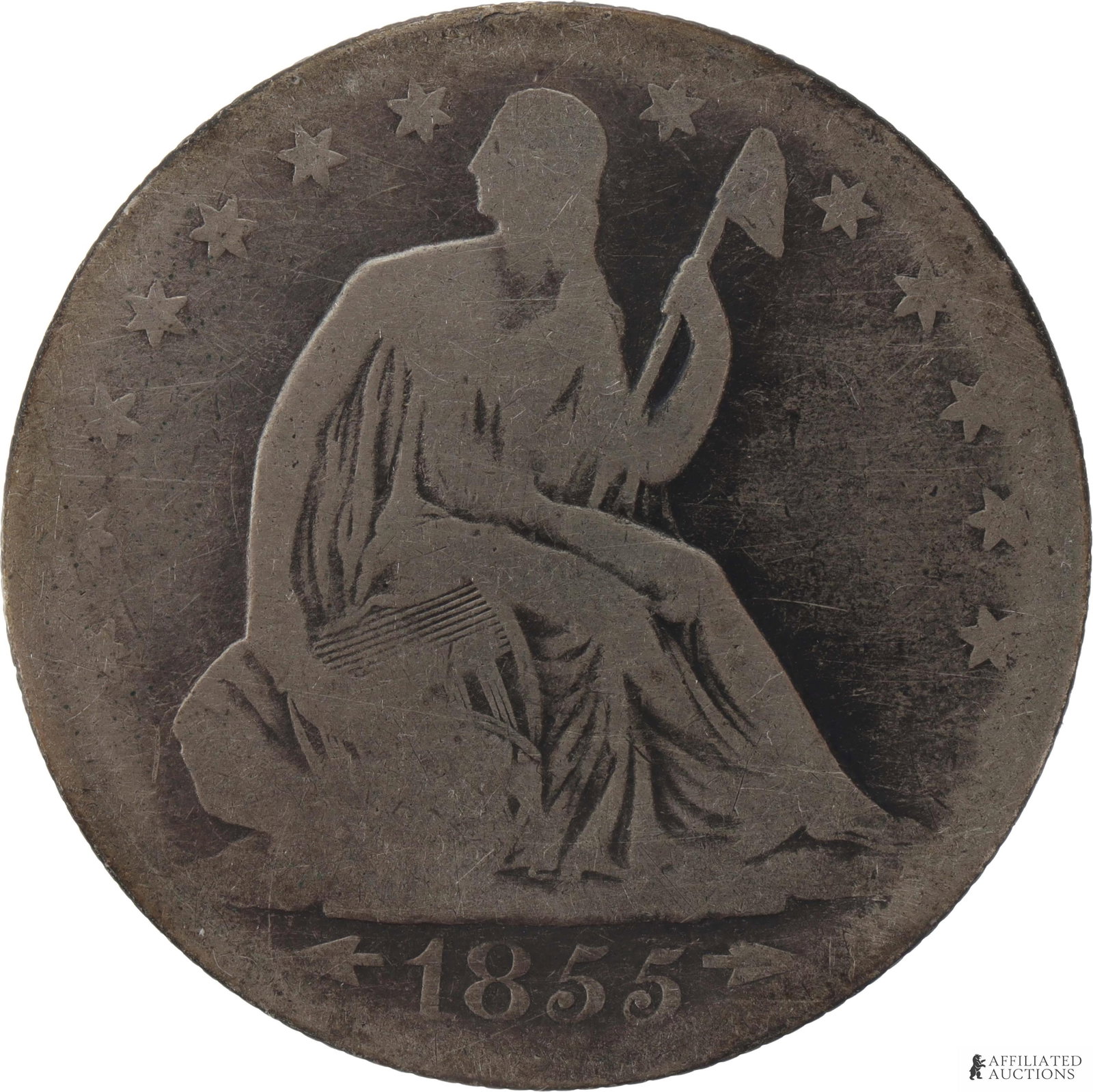 1855 Seated Liberty Half Dollar 90% Silver Coin: An ungraded 1855 Seated Liberty half dollar. United States of America, 90% silver. Metal: 90% silver Country of Origin: USA Year Minted: 1855.