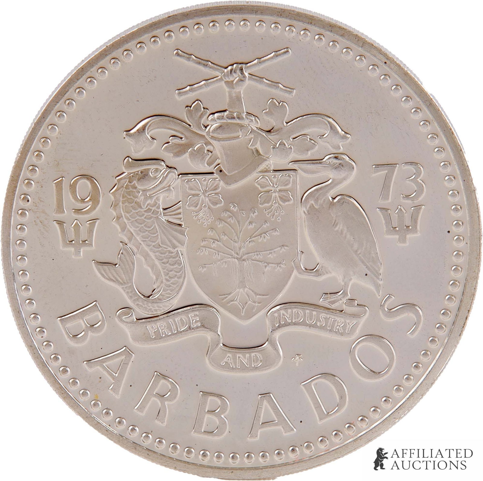 1973 Elizabeth II 10 Dollars Silver Mint Coin: 1973 Elizabeth II 10 Dollars Silver Coin. Weight 37.8 grams. Diameter 42 millimeter. Obverse shows the National Arms. Reverse shows Neptune, God of the Sea sitting at the left facing right with his le