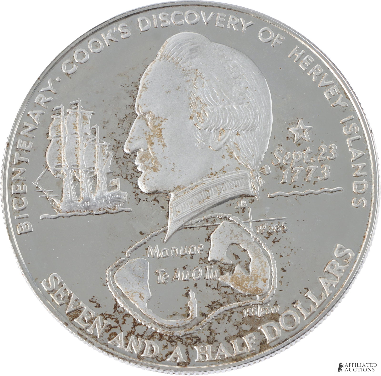 1974 Cook Islands 7 1/2 Dollar Silver Coin: Commemorative Cook Islands 7 1/2 Dollar. 200th Anniversary of Captain James Cooks voyage to the islands. 33.5g. 0.925 silver. 42mm diameter.
