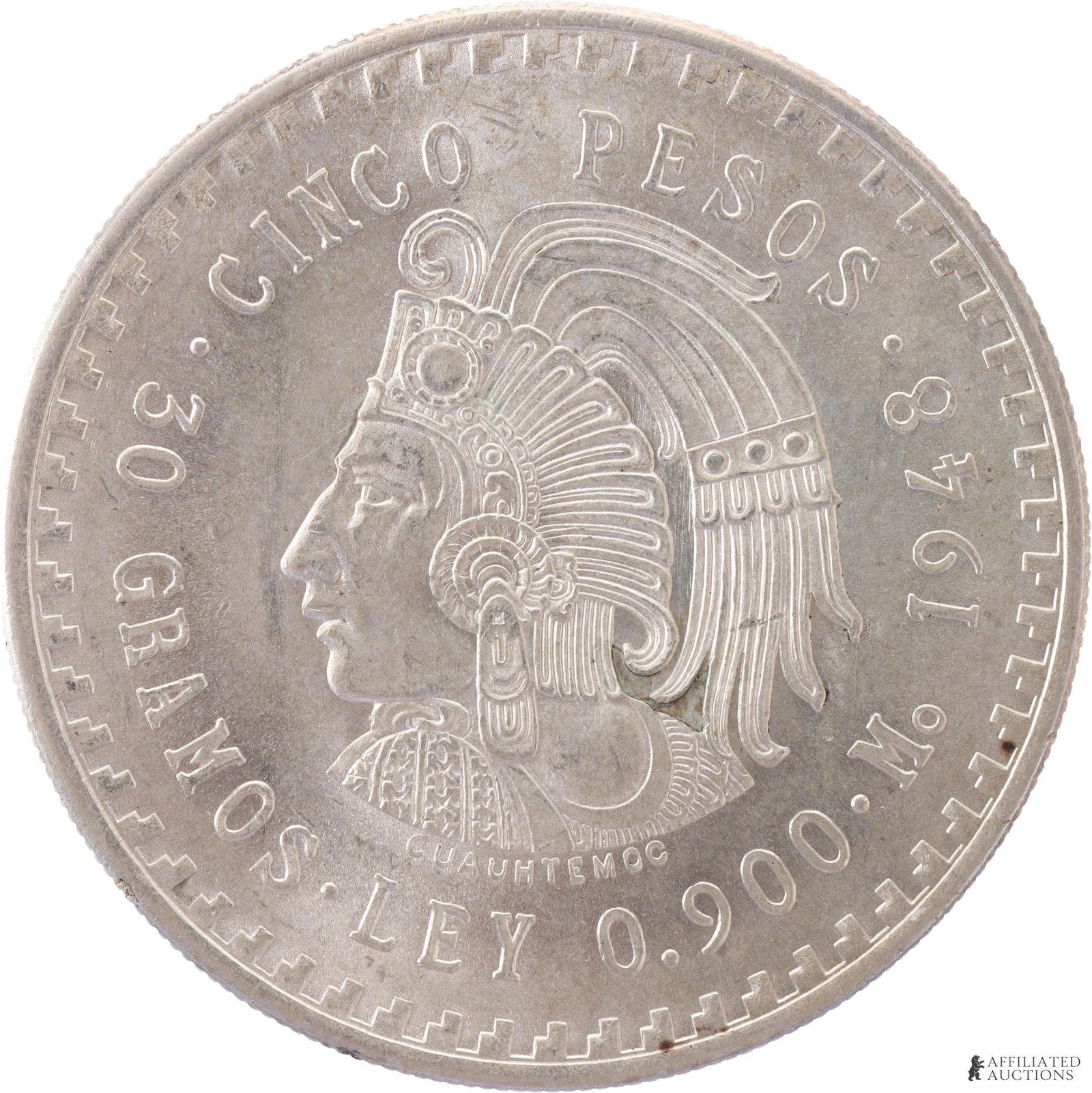 1948 Mexican 5 Pesos Mint Silver Coin: 1948 Mexican 5 Pesos Silver Coin. Weight 30 Grams. Obverse showing a Mexican eagle eating a rattlesnake. Reverse showing Aztec huei tlatoani. Metal: .900 Silver Country of Origin: Mexico Year Minted: 