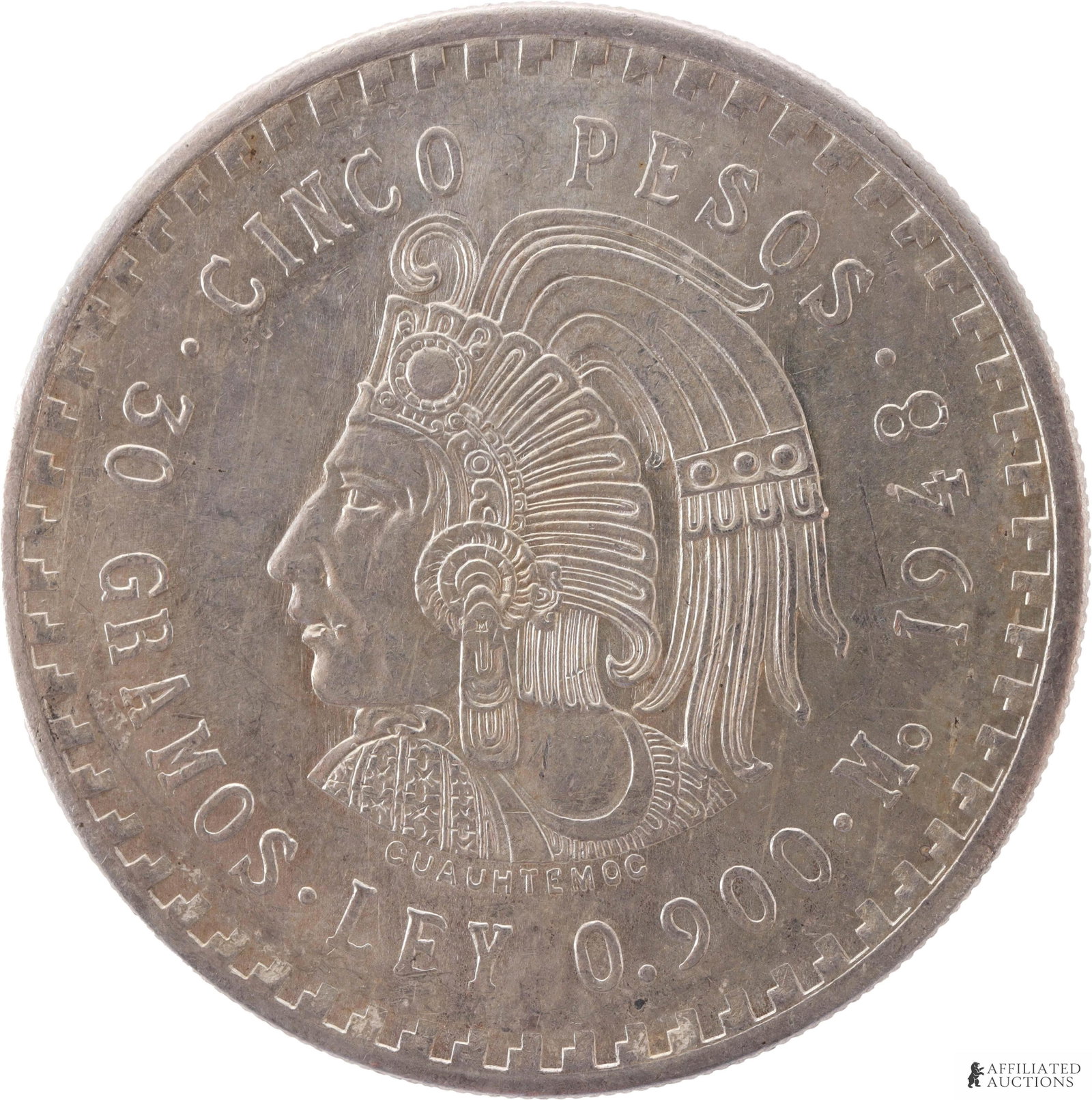 1948 Mexican 5 Pesos Silver Mint Coin: 1948 Mexican 5 Pesos Silver Piece Coin. Weight 30 Grams. Obverse showing a Mexican eagle eating a rattlesnake. Reverse showing Aztec huei tlatoani. Metal: .900 Silver Country of Origin: Mexico Year Mi