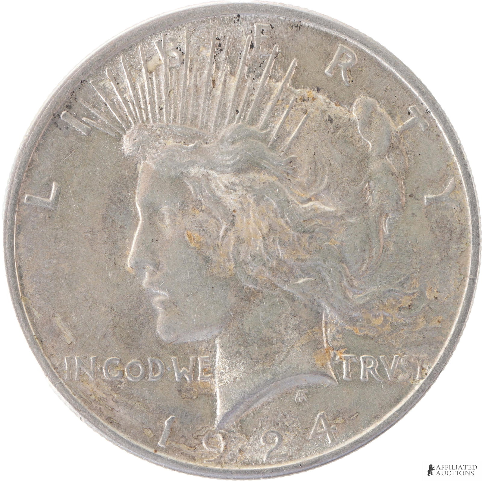 1924 Peace Silver Dollar Mint State Coin: 1924 Peace silver dollar Mint state. Weighs 29 grams. Obverse showing Lady Liberty. Reverse showing a Bald eagle. Metal: .900 Silver Country of Origin: United States Year Minted: 1924.
