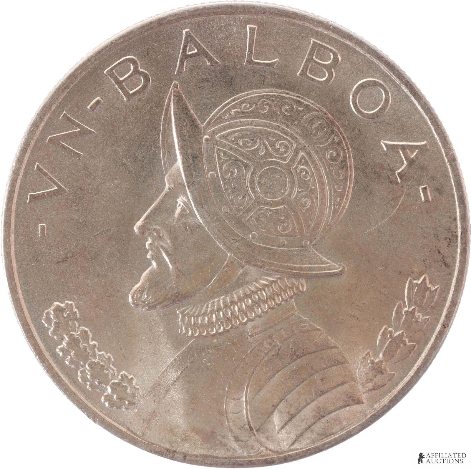 1947 Panama 1 Balboa Silver Mint Coin: 1947 Panama 1 Balboa Silver Coin. Weight 26.7 grams. Obverse shows Liberty standing, holding fasces in one arm and an oak sprig in the other, resting the arm with the oak on the Panamanian shield. Rev
