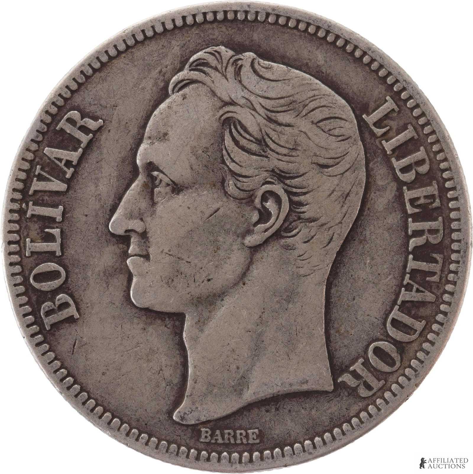 1921 5 Bolivares Venezuela Silver Mint Coin: Weight 25 grams. Diameter 37 millimeter. Obverse shows the coat of arms with legend at top. Reverse shows a bust left, flanked with legend and engraver's name at base. | | Metal: .900 Silver Country o