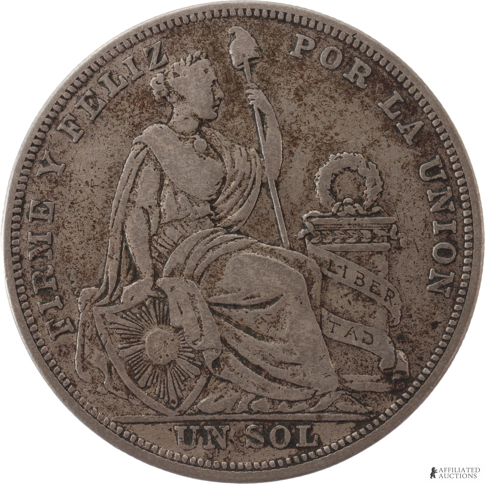 1924 Peru 1 Sol Silver Coin: 1924 Peru 1 Sol Silver Coin. Weight 25 Grams. Obverse shows the National arms. Reverse shows Seated Liberty flanked by shield and column. Metal: .500 Silver Country of Origin: Peru Year Minted: 1924.