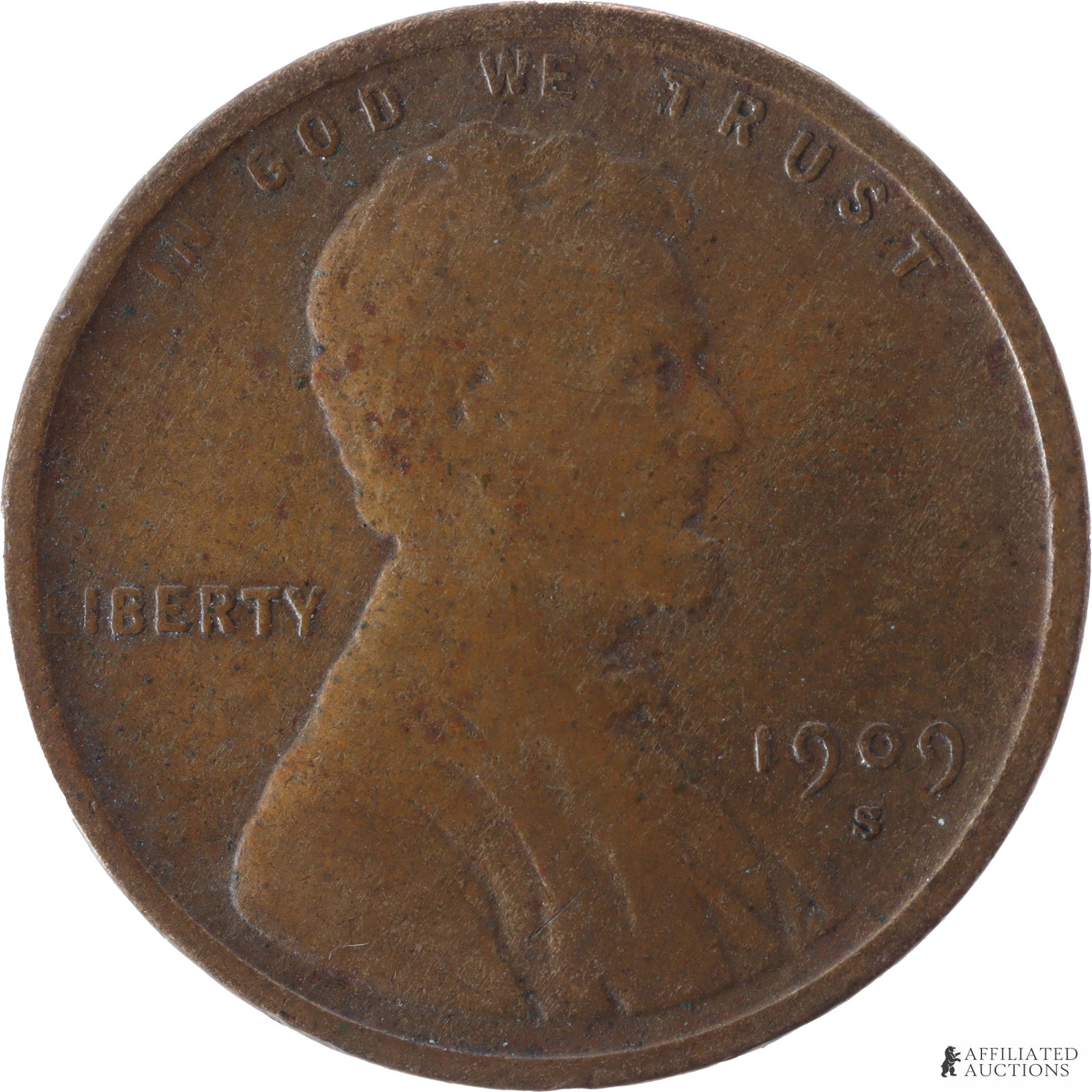 1909-S Lincoln Wheat Penny Key Date Standard: A 1909 Lincoln wheat penny, minted in San Francisco (mint mark 'S' below mint year). Heavily circulated, but all markings remain clearly legible. This is a key date coin due to its highly scarce