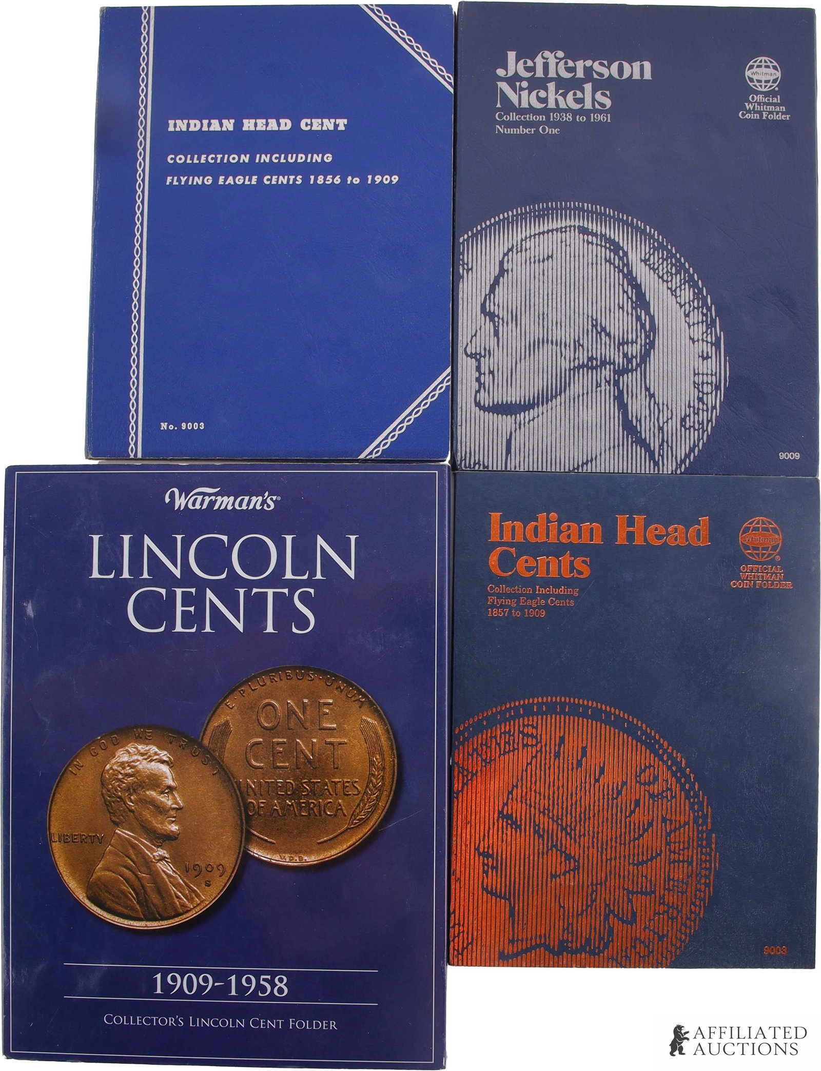 U.S. Coin Folders 1888-1958 Pennies & Nickels: A large lot of United States coins, with mint dates varying from 1888-1960. Includes 91 Lincoln cent coins, 28 Indian head pennies, and 20 Jefferson nickels. All coins are contained within cardboard