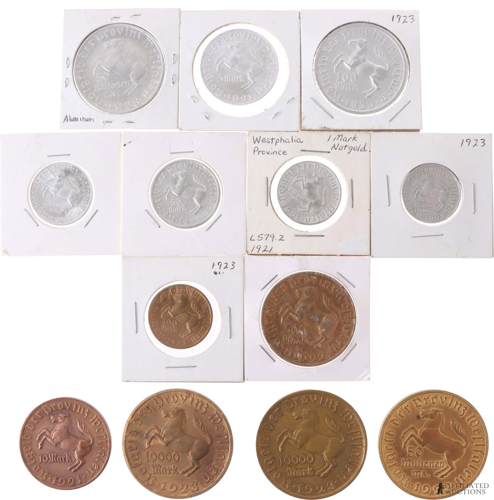 WWI Westphalia Notgeld Coin Collection Lot of 13: Collection of thirteen (13) pieces Weimar-era notgeld coins. Dated 1921-1923. Denominations of 1 mark, 5 mark, 10 mark, 50 mark, 100 mark, 500 mark, 10000 mark, 1/4 million mark, 2 million mark and